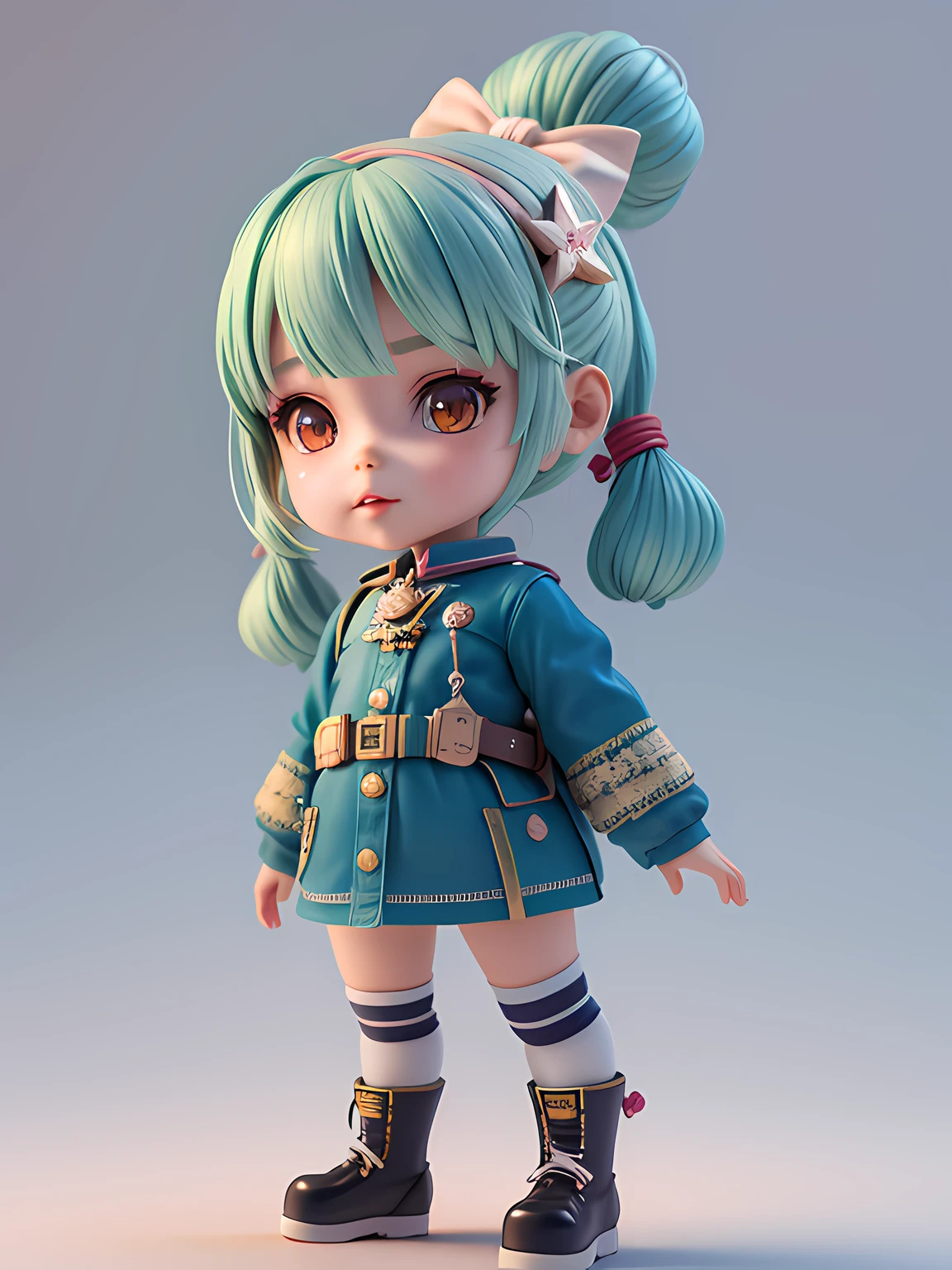 There's a little doll, beautiful 3d render, pequeno militar mulher loira, calelos amarrados, olhando para cima, portrait anime space cadet girl, cute 3d anime girl rendering, arte digital detalhada bonito,  explorador feminina mini bonita, 3d rendering stylized, 3d renderizado personagem arte 8k, estilo anime 3d, super detailed rendering