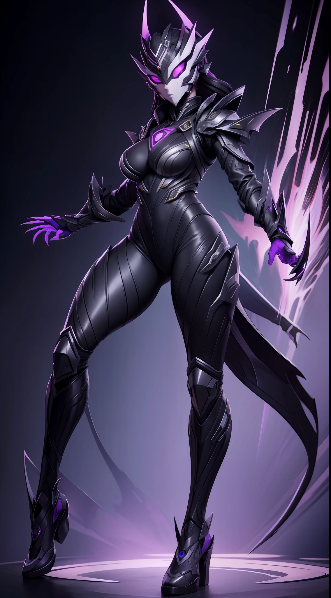 solo, super fine photo, full body picture Unreal Engine 5 8K UHD of a girl, wearing futuristic black tight battle suit, full face mask, futuristic neck collar, purple light details, gloves with purple light claws, dark makeup, best quality, masterpiece, unified 8k wallpaper, super detailed, sharp focus, dynamic pose