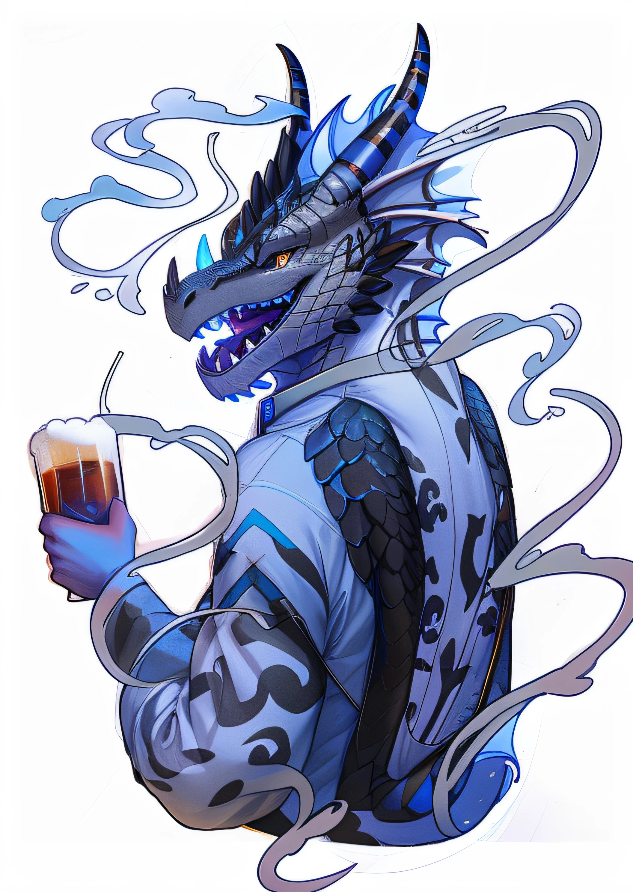 (Masterpiece:1,2),，holding beer，chinesedragon，Colorful illustration，Best quality, Masterpiece, A high resolution, Original, extremelydetailedwallpaper, Perfect lighting,(Extremely detailed CG:1.2), Drawing,Dragon,Wearing (White T-black dragon pattern:1.5),Drawing,Hold a long brush,Pen cap