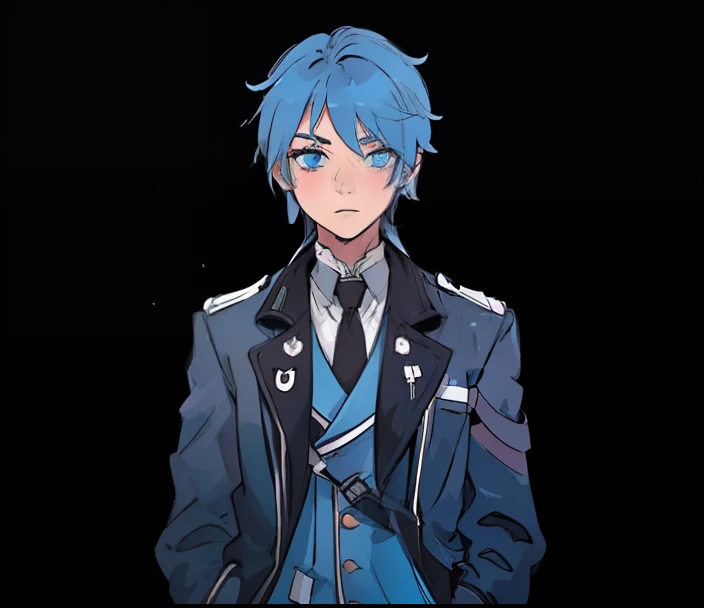 A blue hair and blue eyes and the hair also had little bit of pink color on the front blue hair. The person is wearing a black overcoat and black gloves on pocket with classic home clothes, character profile,. black background, the entire clothing is black and white