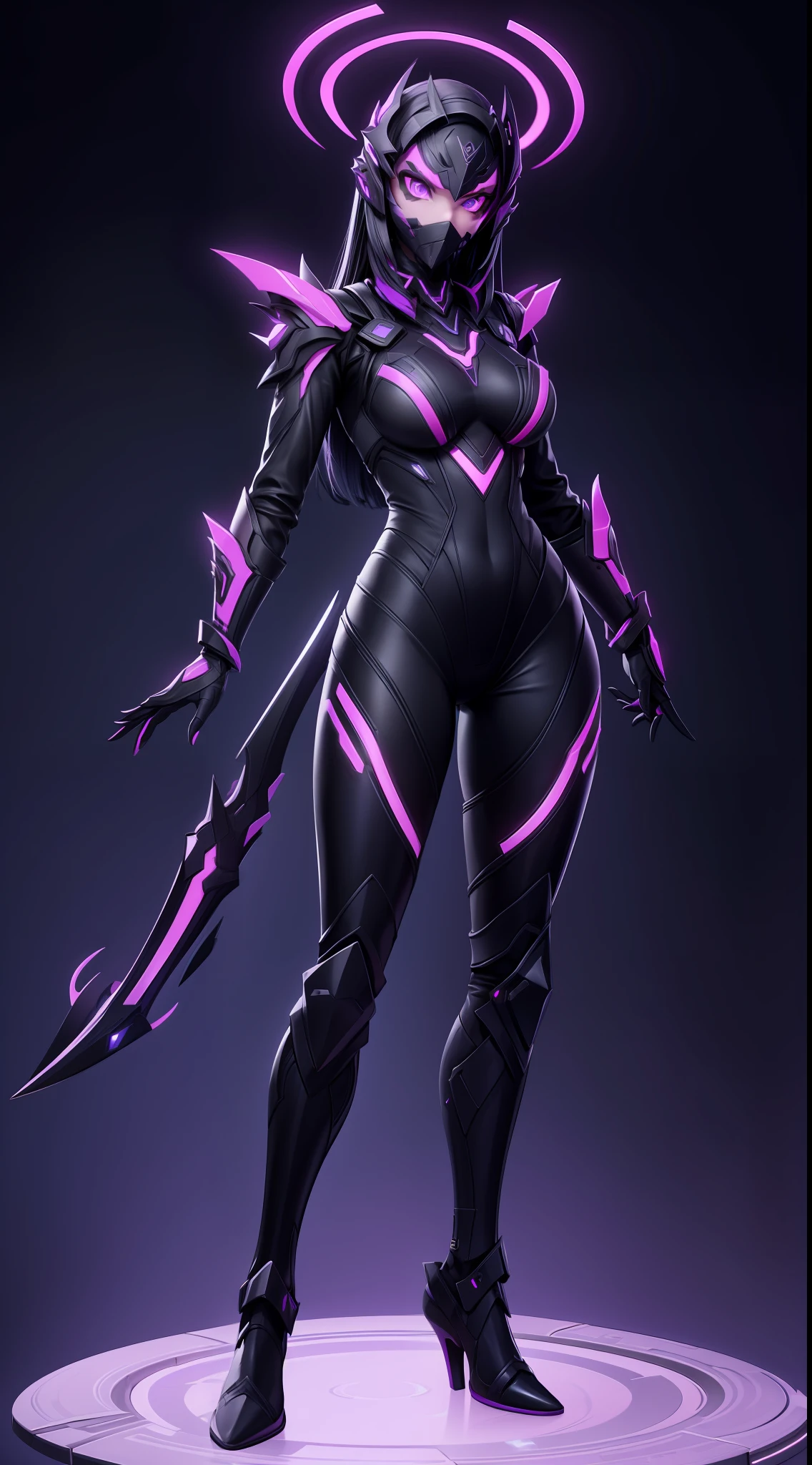 solo, super fine photo, full body picture Unreal Engine 5 8K UHD of a girl, wearing futuristic black tight battle suit, full face mask, futuristic neck collar, purple light details, gloves with purple light claws, dark makeup, best quality, masterpiece, unified 8k wallpaper, super detailed, sharp focus, dynamic pose