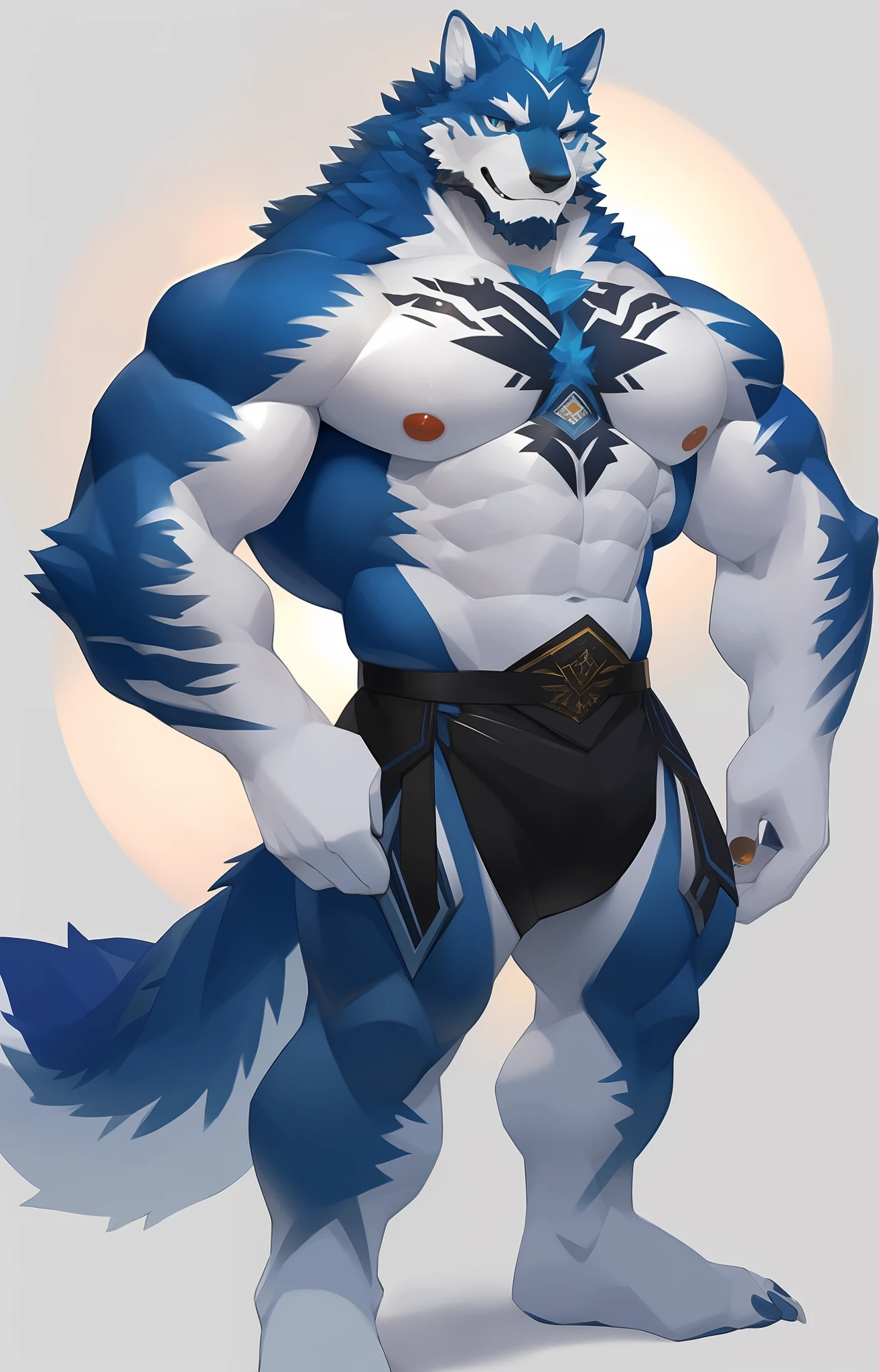 ((1guy)), 独奏, looking at viewert, 夏天, ssmile,Muscle men,sbeard,Middle Age,quality,full-color,extremy detailed,Exquisite painting style, big pecs, shirtless,idle pose,front pose,((full body)),((Blue wolf)),shirtless,posing,white underwear