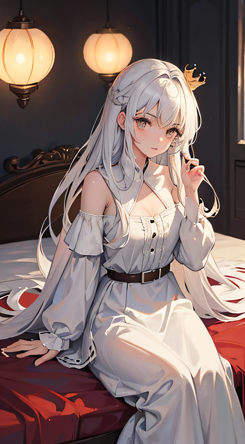 Masterpiece, Best quality, landscape, Magic style,(Dark style),Fairy tales,(Low-key lighting), (Solo:1.3),full bodyesbian, Ku County, Face focus, 1girll, White hair,Brown eyes,(Long hair),Hair between the eyebrows, (crown:1.1),Bow belt,Peach dyeing, tiered dress, White dress, Indoors, Bedroom,Night,lighting,(lamp lights), hand-to-hand,Hand up,(all fours), on top of the bed,