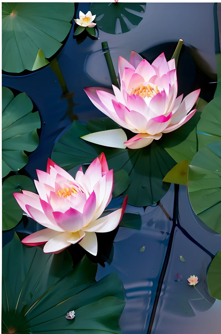 Two pink flowers grow in the water, lotuses, lotuses, lotus petals, Lotus, lotus flower, with lotus flowers, lotus flowers on the water, Beautiful image, Lotus pond, Pink Lotus Queen, water lilies, sitting on a lotus flower, standing gracefully upon a lotus, waterlily mecha nymphaea, water lilies