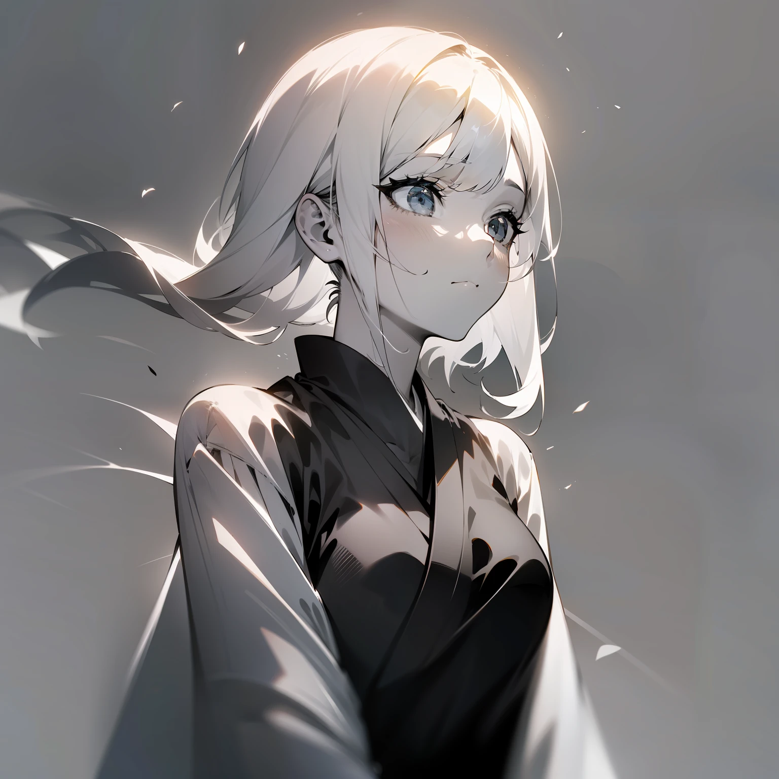 (White-haired girl: 1.2, minimalist: 1.1, Japanese anime, masterpiece, delicate: 1.2, high detail, light and shadow, shadow, fine dust in floating, monochrome background: 0.75)