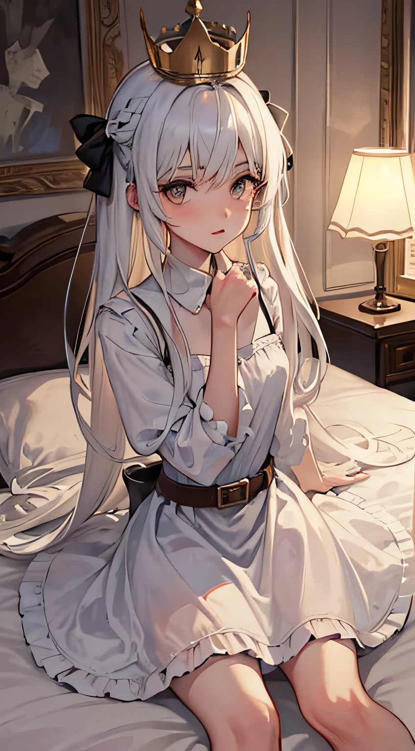 Masterpiece, Best quality, landscape, Magic style,(Dark style),Fairy tales,(Low-key lighting), (Solo:1.3),full bodyesbian, Ku County, Face focus, 1girll, White hair,Brown eyes,(Long hair),Hair between the eyebrows, (crown:1.1),Bow belt,Peach dyeing, tiered dress, White dress, Indoors, Bedroom,Night,lighting,(lamp lights), hand-to-hand,Hand up,(all fours), on top of the bed,