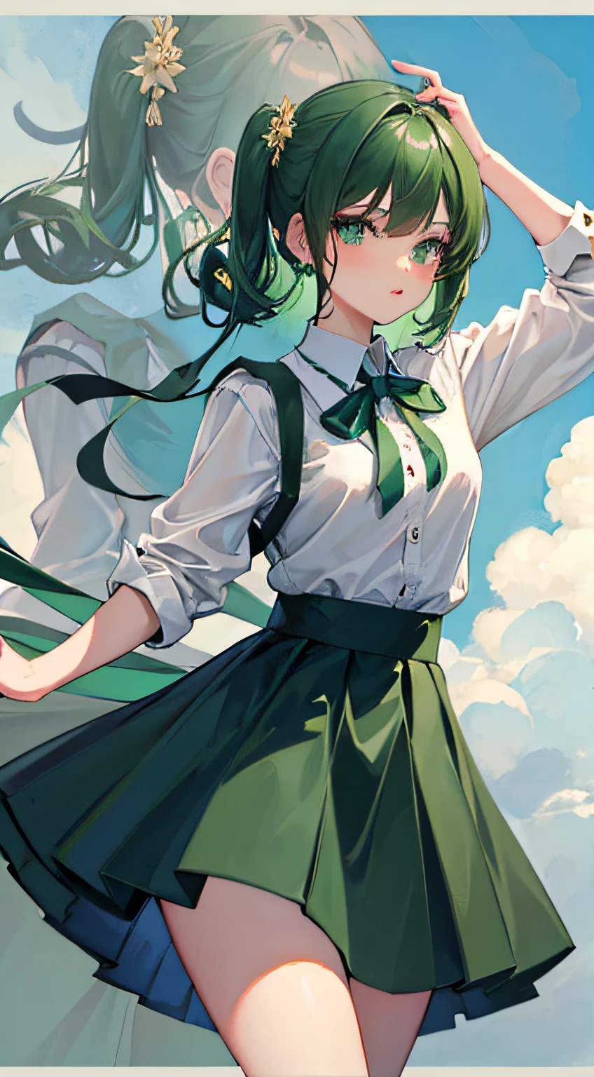 Masterpiece,Best quality,Upper body,1girll,collared_Shirt and flared_Skirt as material 1,Green theme,art-deco,zoom layer,hair tying,Small breasts,Amphibian eyes,cheerfulness,Perspective