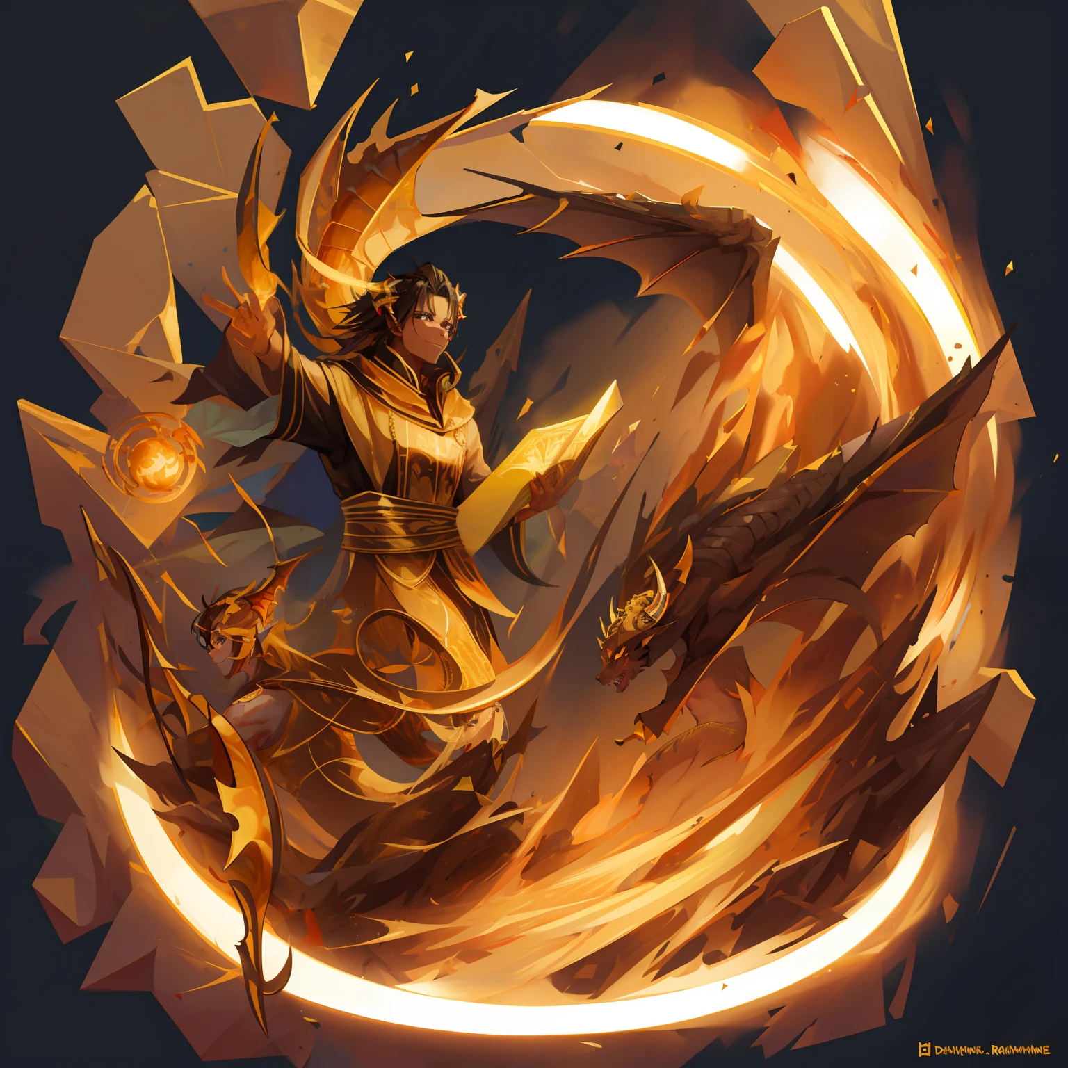 masterpiece, best qualities, black male),black_and_white_hair, golden runes on the body, dragon features, horns, tan skin, caramel skin,a pet dragon, gold and black clothing, (dark black eyes), golden magic