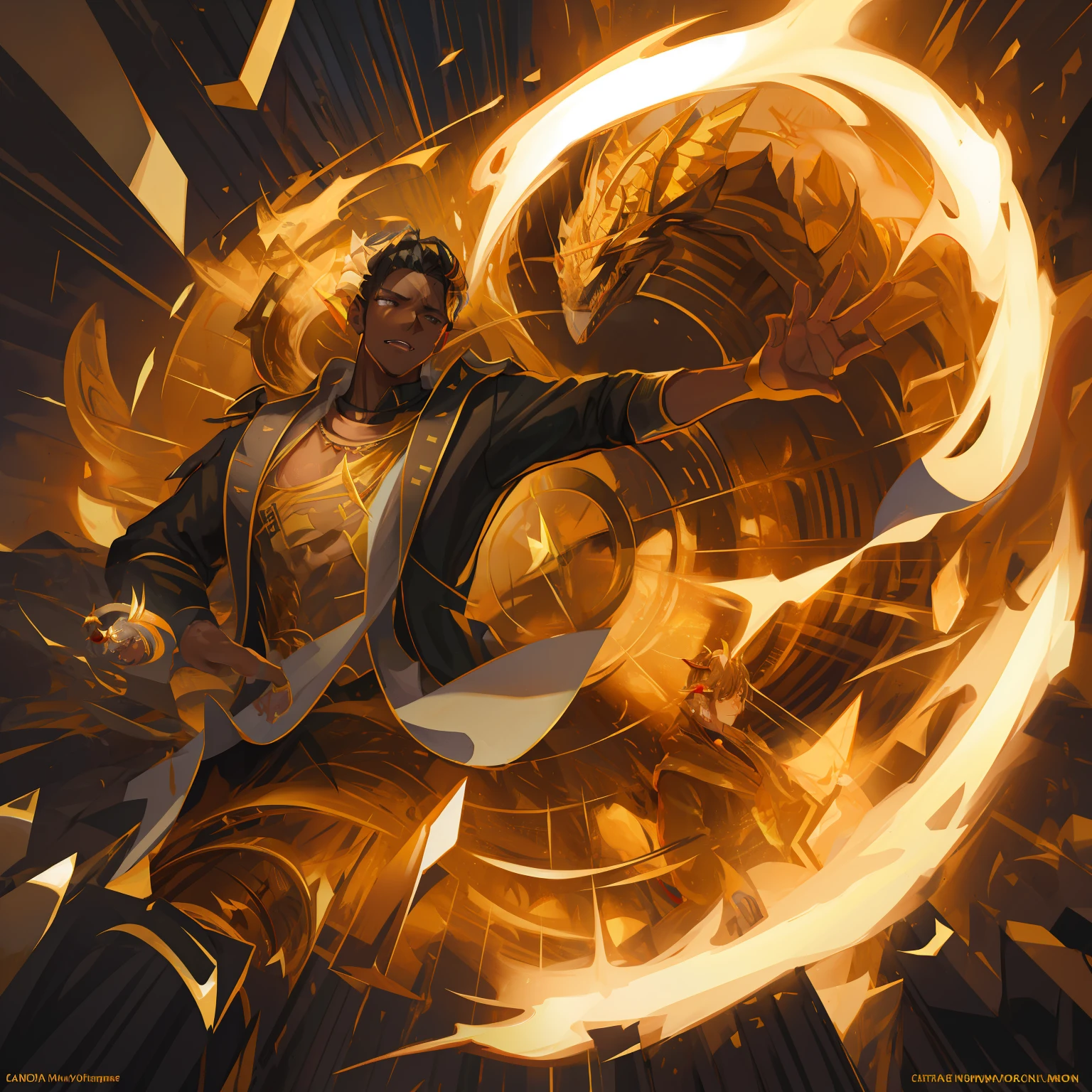 masterpiece, best qualities, black male),black_and_white_hair, golden runes on the body, dragon features, horns, tan skin, caramel skin,a pet dragon, gold and black clothing, (dark black eyes), golden magic