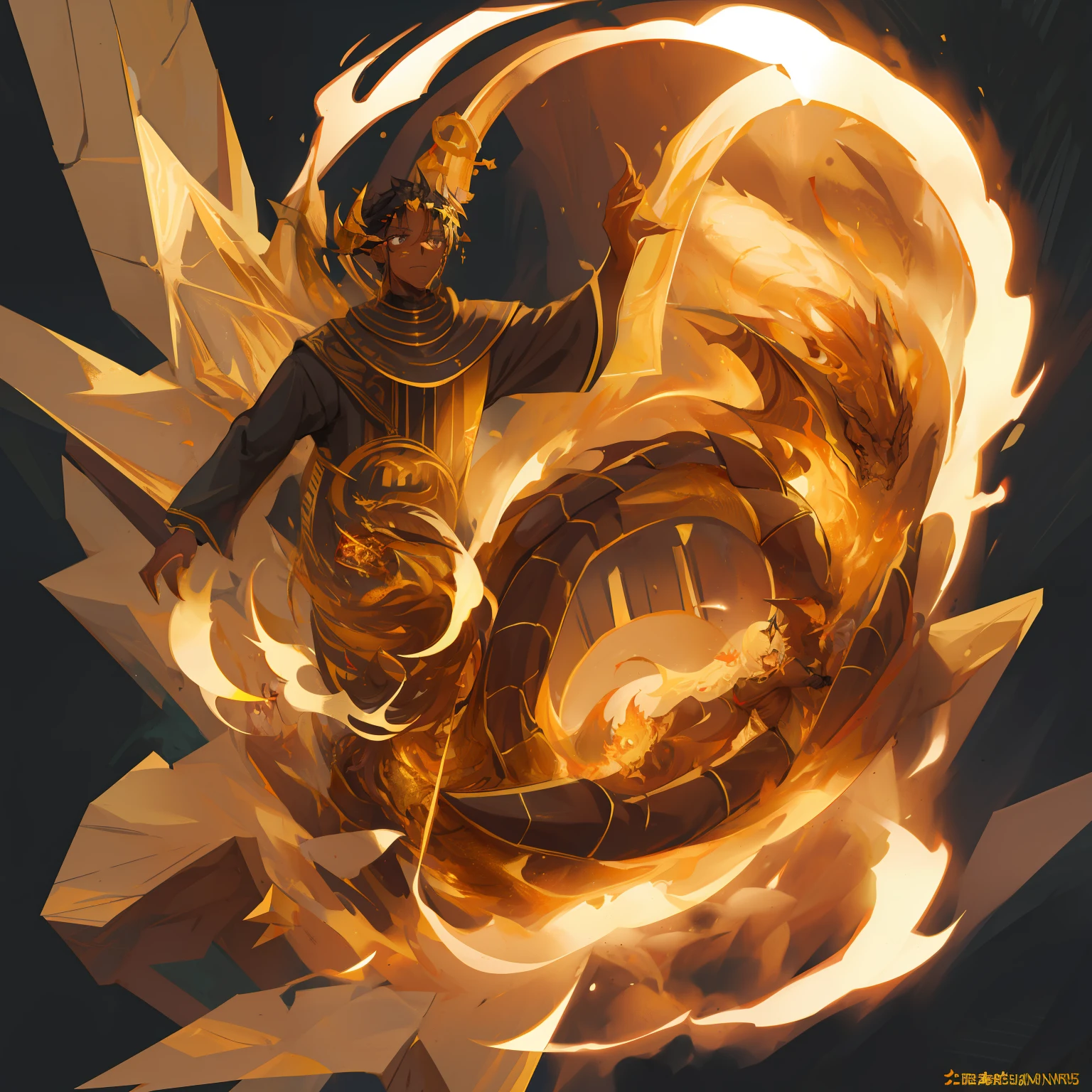 masterpiece, best qualities, black male),black_and_white_hair, golden runes on the body, dragon features, horns, tan skin, caramel skin,a pet dragon, gold and black clothing, (dark black eyes), golden magic