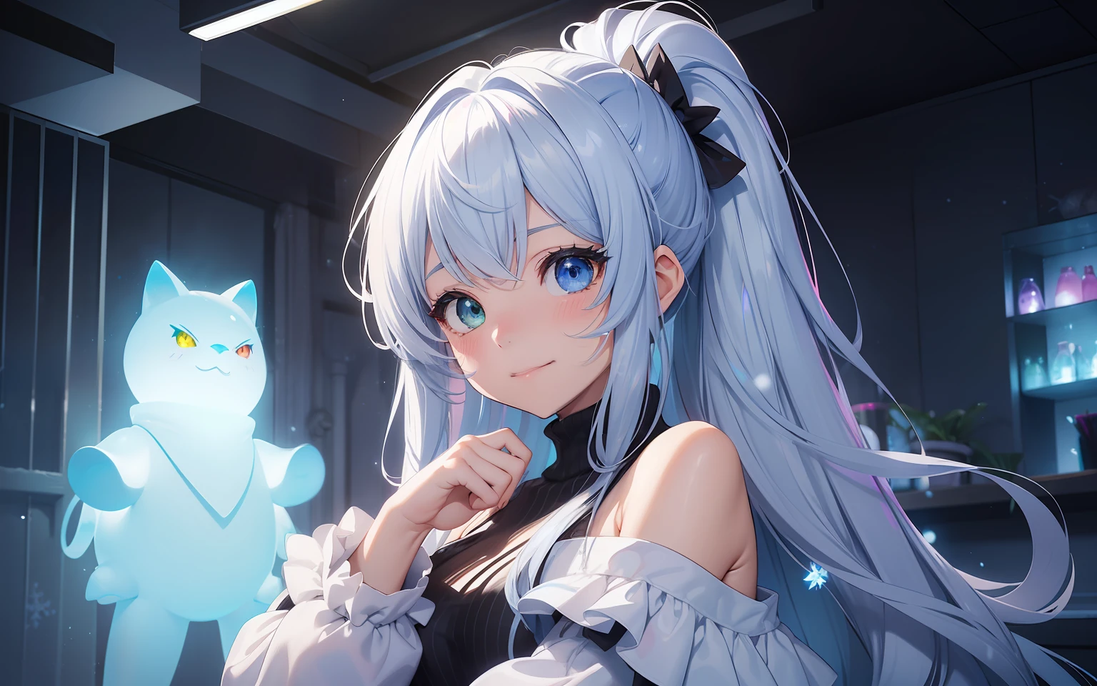 top-quality、Photorealsitic、The ultra-detailliert、Delicate、orderly、High Details、bluish-silver ponytail、(Drooping heterochromia iris:1.3)、Gamine、10yaers old、embarrassed from、A smile、A slender、cowboy shot、blured background、(1 girl in:1.1)、GameCG、dynamic ungle、(Bioluminescent hair、radiant eyes:1.2)、Ambient Occlusion、ambient lights、ray trace reflection、Glow、glowing aura、Radiant hair、Winters、(off-the-shoulder sweater:1.3)、snowscape、