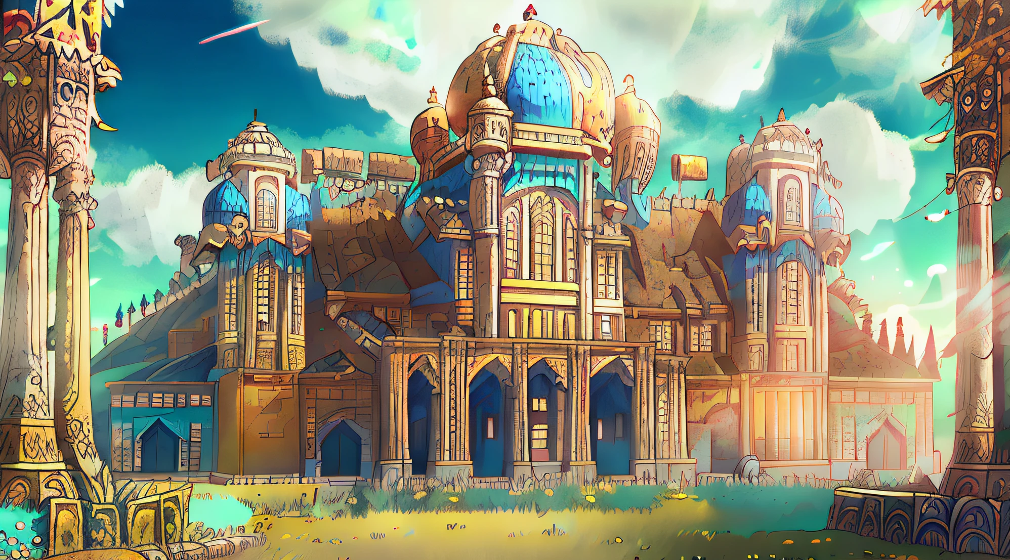 create an ancient Indian palace realistic and high quality image, in blue and yellow tones, with sun and blue sky and some white clouds.