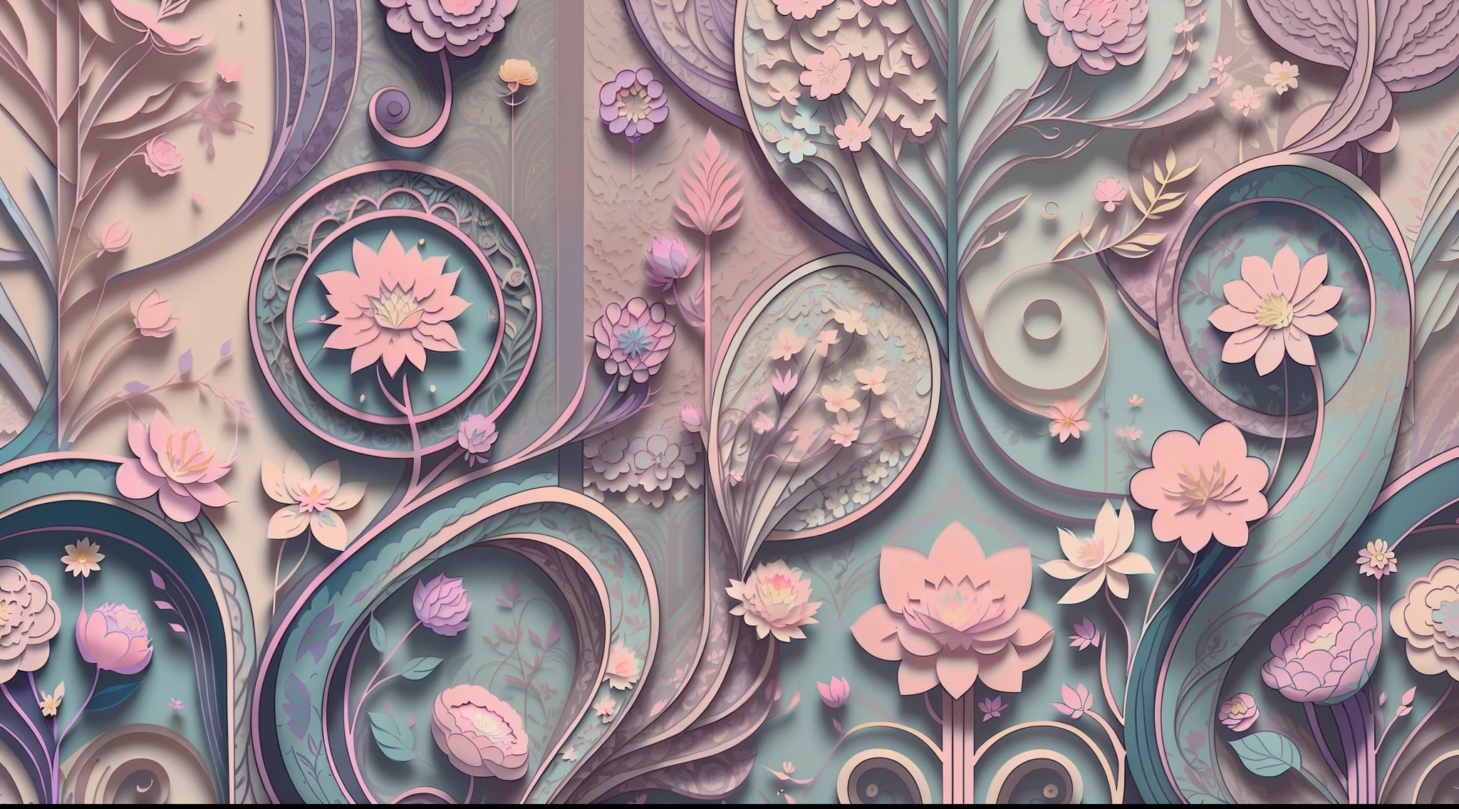 Flat style wallpaper, vector style floral vine pattern with pastel color tones including old pink, pastel blue, light blue, beige, soft purple, soft yellow and white without obvious shadows.