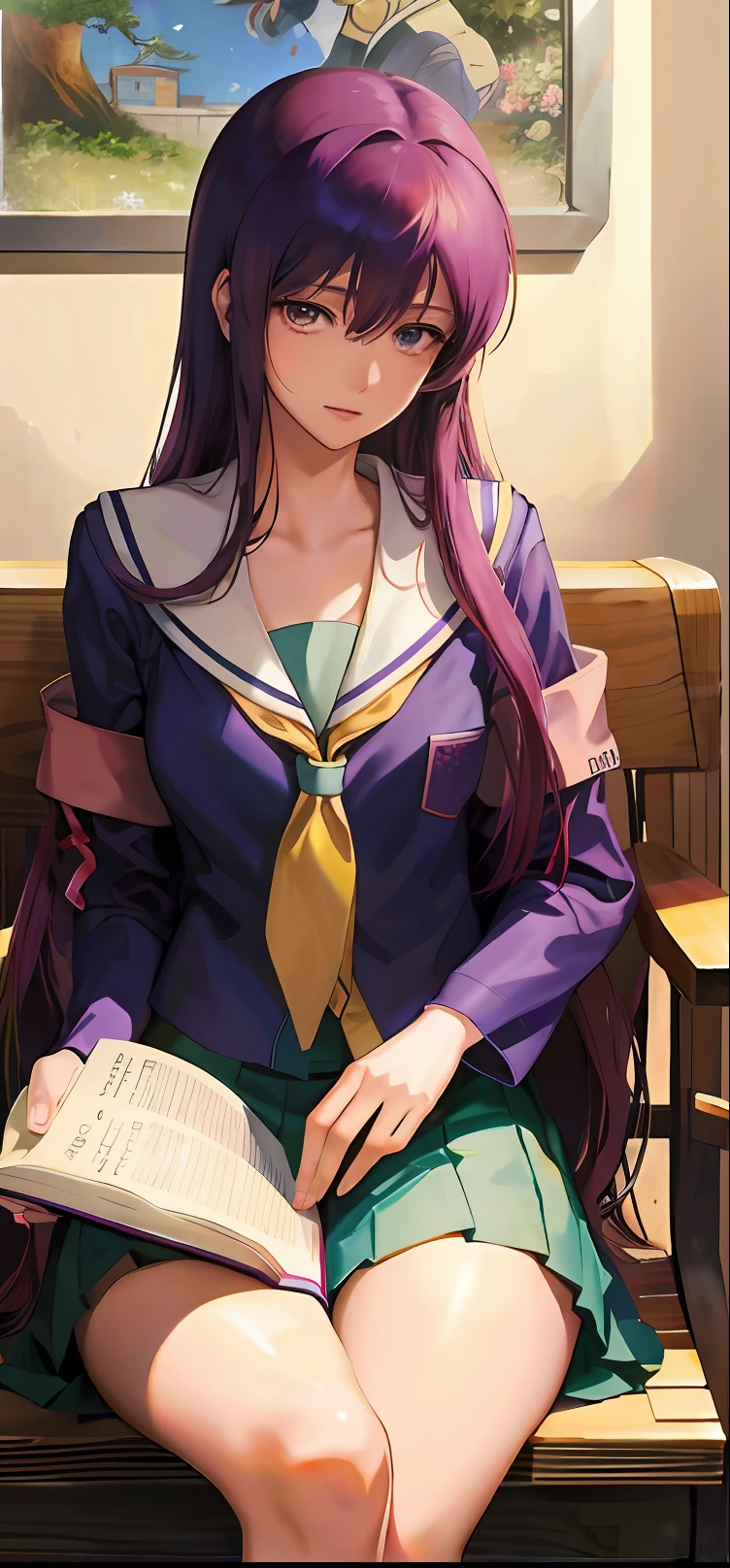 Woman sitting on chair with book and book, Hinata Hyuga, Misato Katsuragi, mayuri shiina from steins gate, maya fey from ace attorney, Realistic Schoolgirl, nishimiya shouko, mayuri shiina, marin kitagawa fanart, Ecchi, beautiful anime high school girl, Seductive Anime Girl
