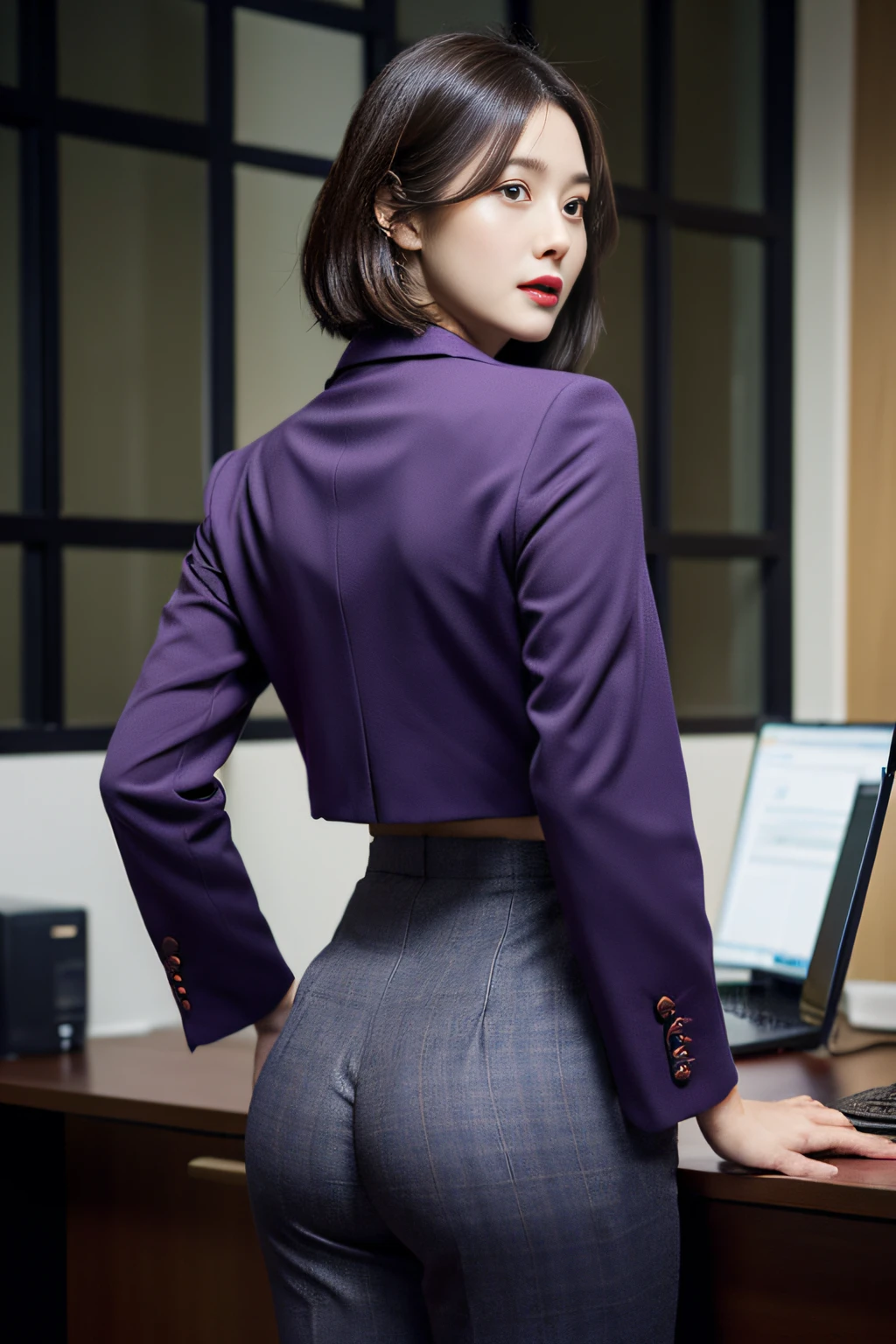 (best qualtiy,8K,32K,tmasterpiece,,realisticlying,The is very detailed, hyper HD:1.2),1girll, Female celebrities,Exquisitehands, a narrow waist,Purple top,Open jacket,office lady,Business suit,trouser,from back,office room,Office desk,(stick out buttocks:1.2),Cocked buttocks,详细的脸,short detailed hair,absurderes,Background bokeh