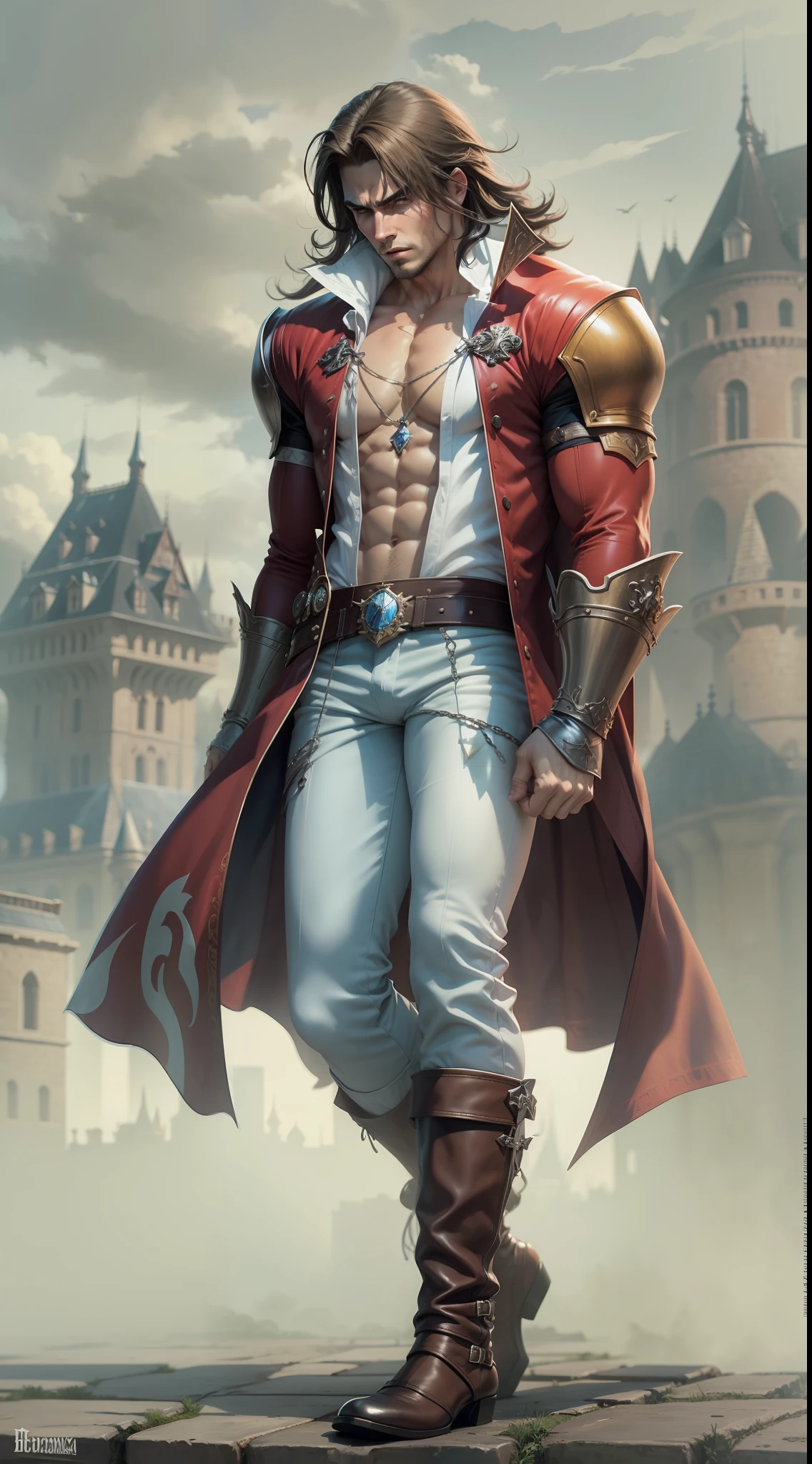 Richter Belmont, cabelo curto, white headband, cabelo castanho, castlevania, sobretudo azul e dourado, sobretudo longo com cruz dourada, corpo magro, gloomy setting, Dracula's Castle, roupa fechada, white pant, sem mostrar o corpo, botas marrom, 4k, sobretudo sem mangas, camisa preta fechada, homem magro