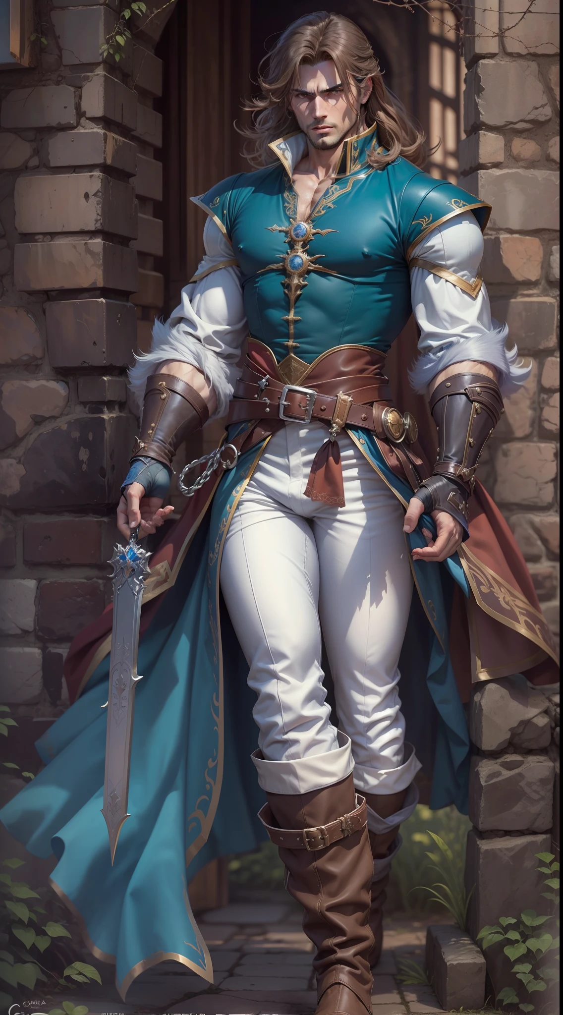 Richter Belmont, cabelo curto, faixa branca na testa, cabelo castanho, castlevania, sobretudo azul e dourado, sobretudo longo com cruz dourada, corpo magro, gloomy setting, Dracula's Castle, roupa fechada, white pant, sem mostrar o corpo, botas marrom, 4k, sobretudo sem mangas, camisa preta fechada, homem magro