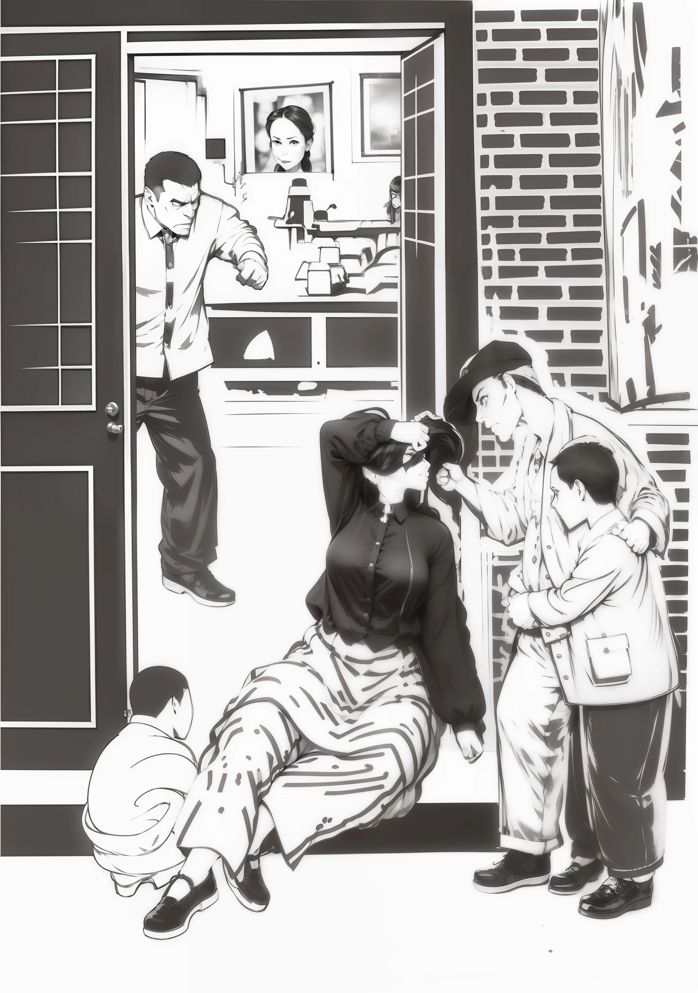 An angry-looking man pointed to the woman on the threshold on the left