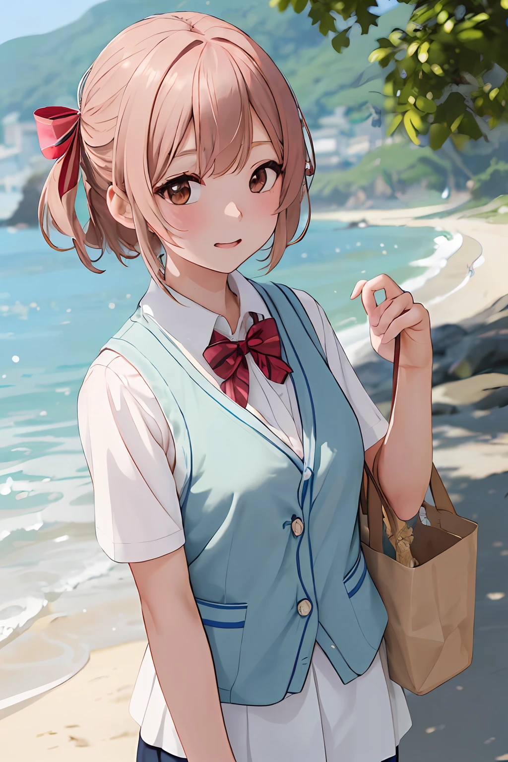 女の子1人、a matural female、vests、the bow、a picture、realisticlying、top-quality、adopt、A detailed face、the beach、细致背景、diffuse sunlight、depth of fields、Bokeh