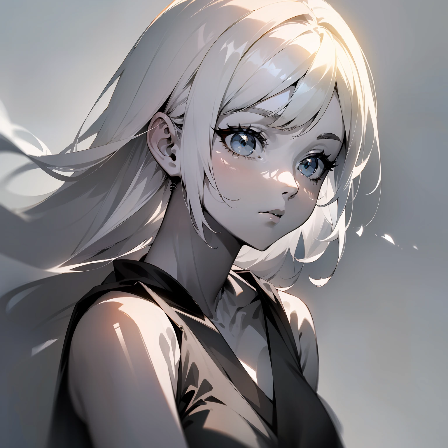 (White-haired girl: 1.2, minimalist: 1.1, Japanese anime, masterpiece, delicate: 1.2, high detail, light and shadow, shadow, fine dust in floating, monochrome background: 0.75)