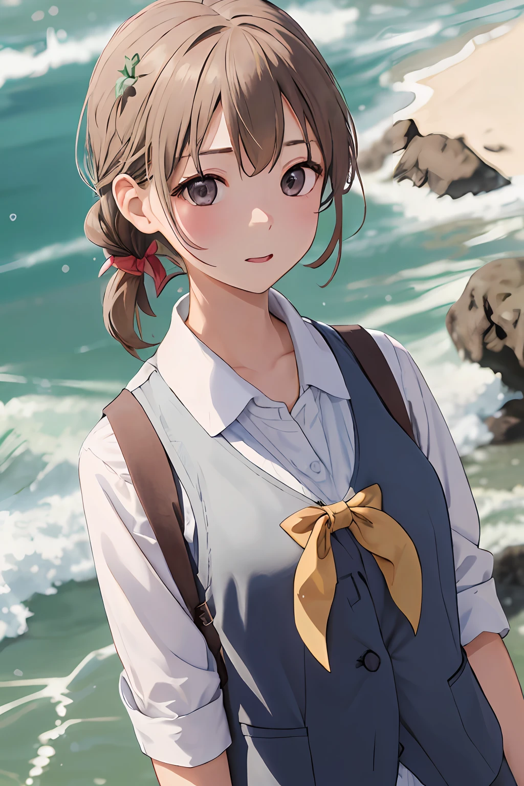 女の子1人、a matural female、vests、the bow、a picture、realisticlying、top-quality、adopt、A detailed face、the beach、细致背景、diffuse sunlight、depth of fields、Bokeh
