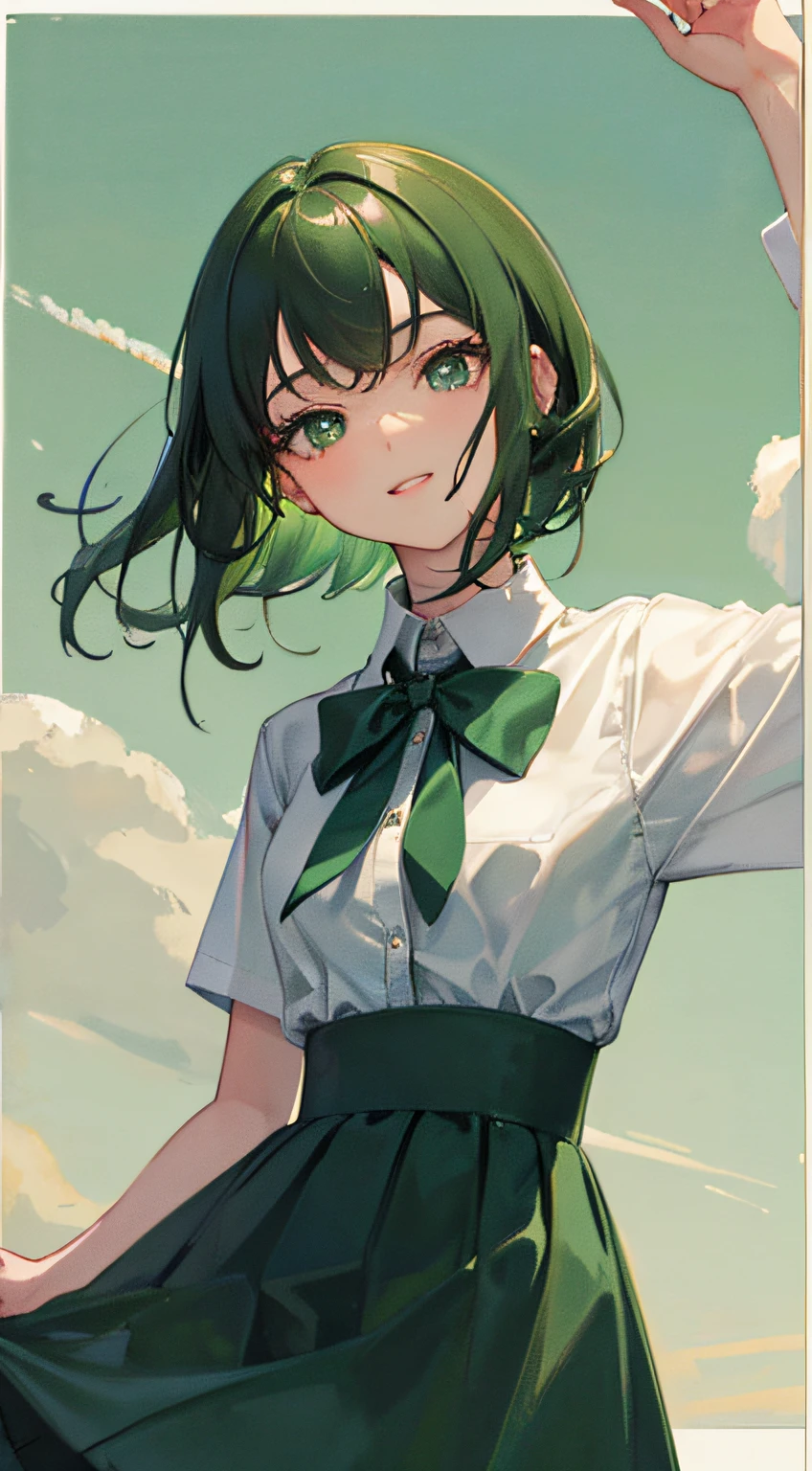Masterpiece,Best quality,Upper body,1girll,collared_Shirt and flared_Skirt as material 1,Green theme,art-deco,zoom layer,hair tying,Small breasts,Amphibian eyes,cheerfulness,Perspective