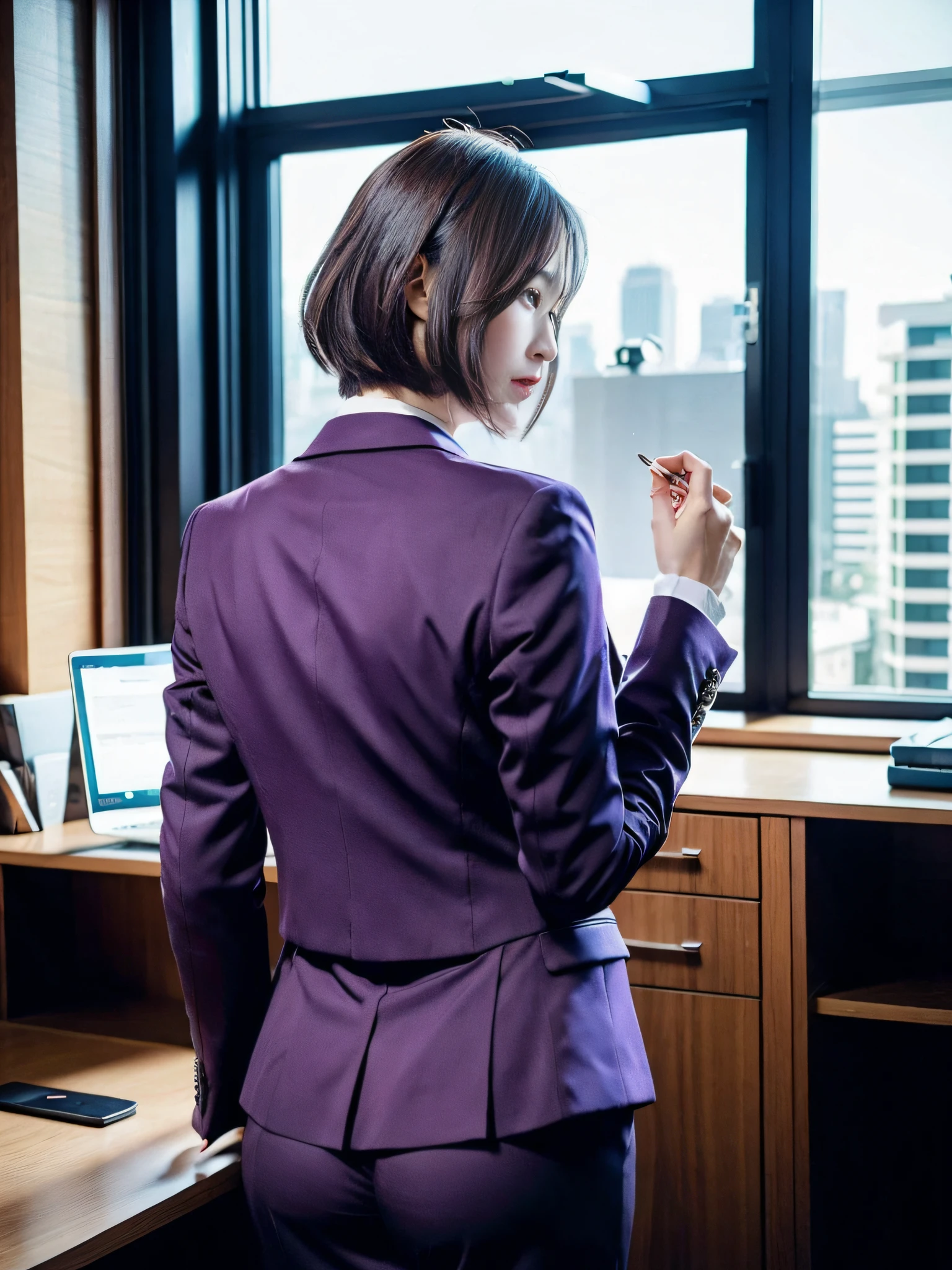 （best qualtiy，8k，32k，tmasterpiece，UHD：1.2），1girll，beautiful  japanese woman，Exquisitehands, a narrow waist，purple suit，Open jacket，office  lady，Business suit，trouser，from back，office room，office desk，（stick out buttocks：1.2），详细的脸，short detailed hair，