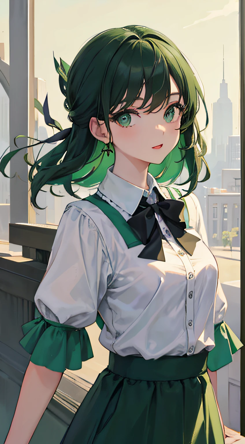 Masterpiece,Best quality,Upper body,1girll,collared_Shirt and flared_Skirt as material 1,Green theme,art-deco,zoom layer,hair tying,Small breasts,Amphibian eyes,cheerfulness,Perspective