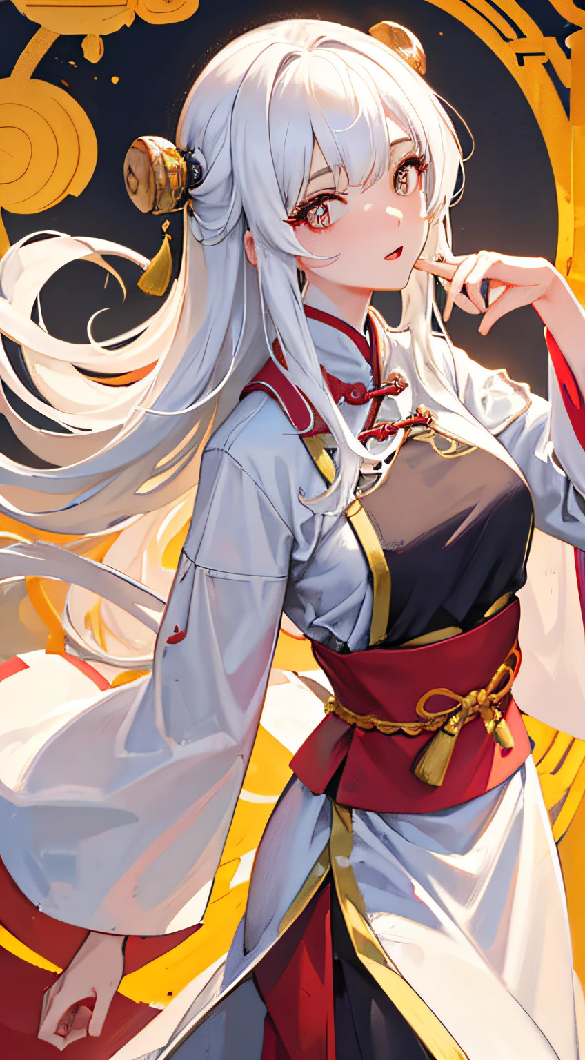 one-girl, Ancient Chinese clothing, full bodyesbian, rays of sunshine, Clear face, Golden pupils,white color hair,Clean white background, tmasterpiece, super detailing, Epic composition, hyper HD, high qulity, extremely detaile, offcial art, Uniform 8k wallpaper, super detailing, 32k
