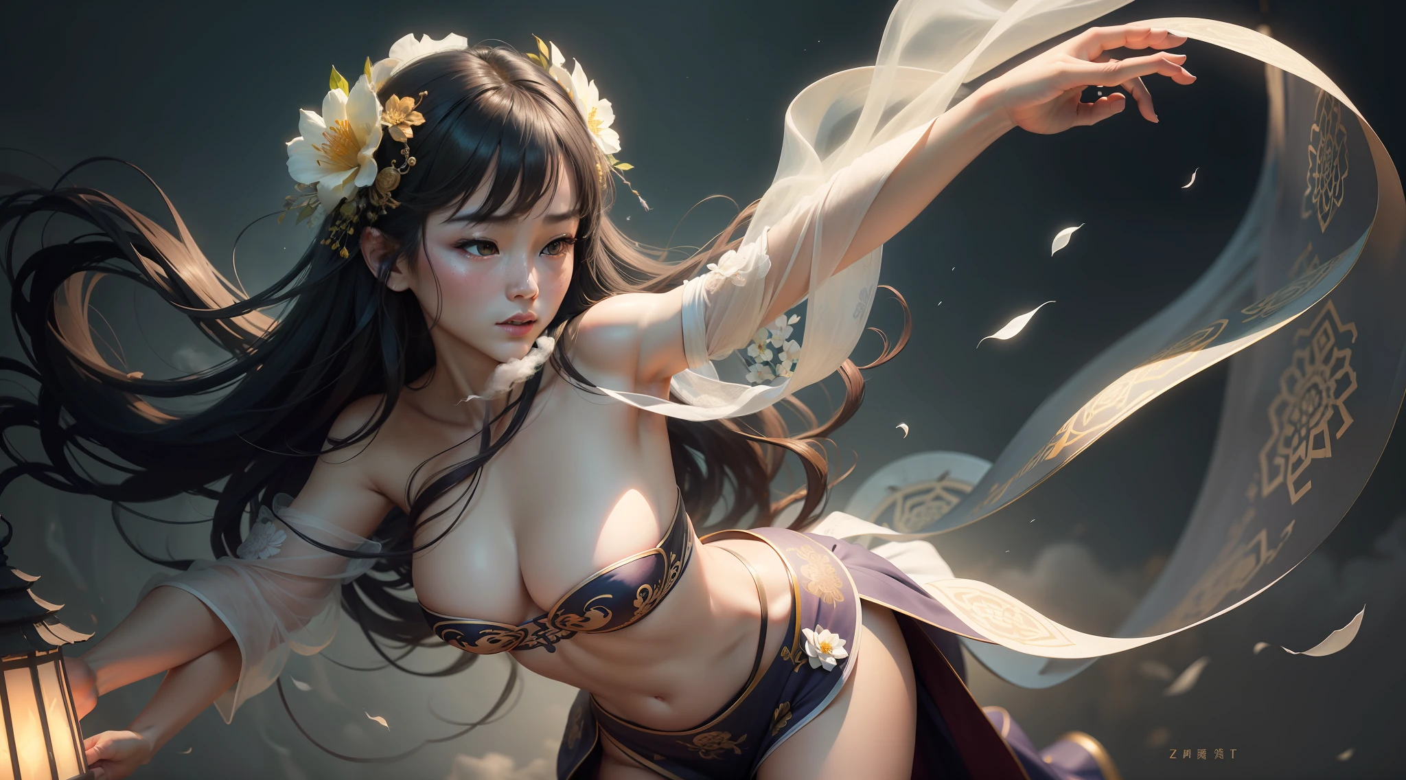 NSFW, Super High Quality, Masterpiece, Perfect Illustration, Extreme Details (Delicate Light and Shadow, Highly Dramatic Picture,)Zhong Hua, 1 Girl, Solo, Hanfu, Ancient_Chinese_architecture, Flower Field, Flowers, (White Smoke:1.3) (Realistic:1.4), Zen Entanglement, Mandala, Tangled, Official Art, Unity 8k wallpaper, super detailed, beautiful and beautiful, masterpiece, best quality, (Dynamic angle: 1.4), glowing skin, (Floating colorful flashes: 1) The most beautiful chaotic forms, elegant, brutalist design, bright colors, romantic depth of field exotic_dance, half_naked