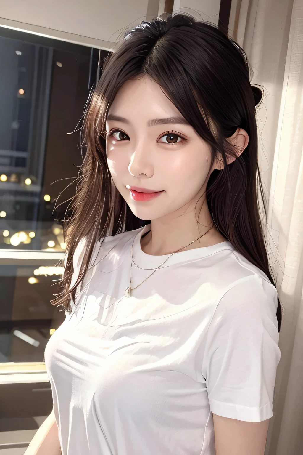 Laughing、White shirt、A dark-haired、hotel