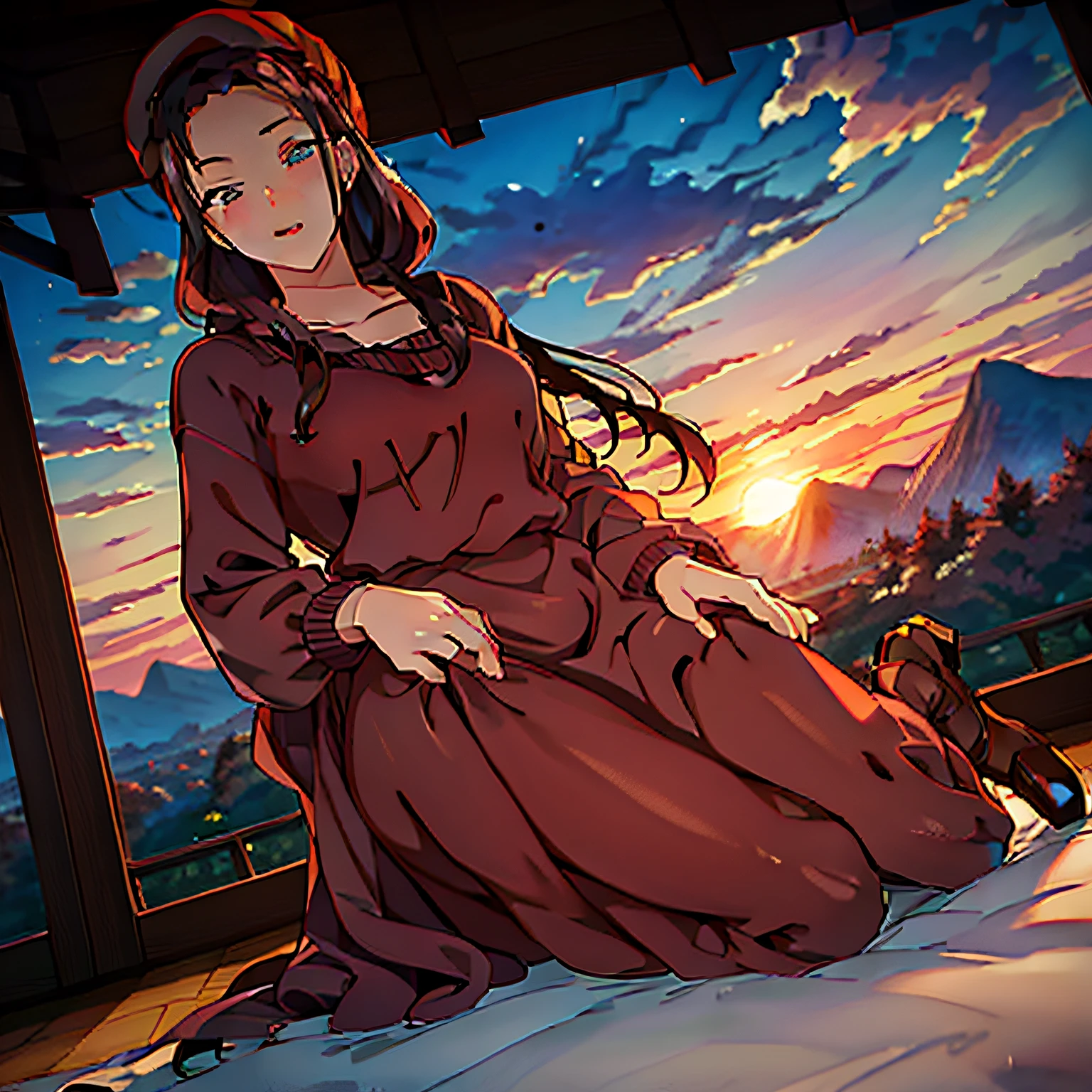 masterpiece, best quality, winter, snow field, smile, blush, 1girl, bangs, blue eyes, blunt bangs, bonnet, brown footwear, brown hair, red dress, frills, fruit, full body, hat, long hair, long sleeves, looking at viewer, black pantyhose, red flower, red rose, rose, shoes, sitting, solo, sky, sunset, mountain, forest, lake