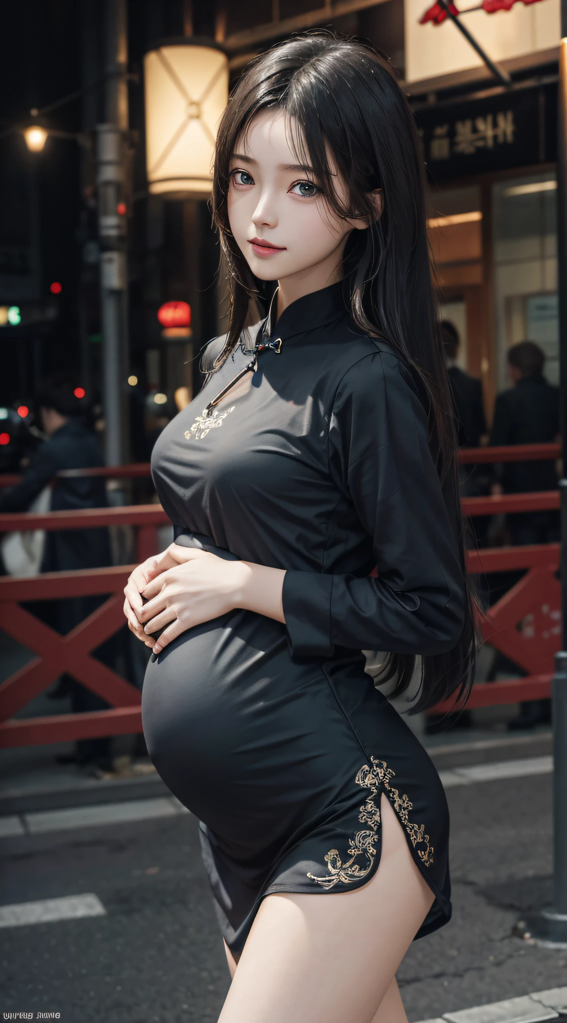 tmasterpiece, ((1 pretty girl)), Detailed eyes, Swollen eyes, Best quality at best, 超A high resolution, (Realistis: 1.4), RAW photogr, 1girll, green-eyed, cinmatic lighting, ssmile, jpn, a asian beauty, Korea, Ren, Super beautiful, Small young face, Beautiful skins, Slim, cyber punk perssonage(hyper realisitc), (illustratio), (A high resolution), (8K), (The is very detailed), (Most Best Illustration), (eyes in beautiful detail), (ultra - detailed), (the wallpaper), (详细的脸), audience looking, finely detailled, 详细的脸, in the darkness nigth, deep shading, low tune, pureerosfaceace_V1, ssmile, long whitr hair, hair straight, 46-point diagonal bangs,Bare lower abdomen,(Pregnant abdomen:1.4),Slender thighs,short skirt,((full bodyesbian:1.4)),on cheongsam,black lence stockings,Walking status