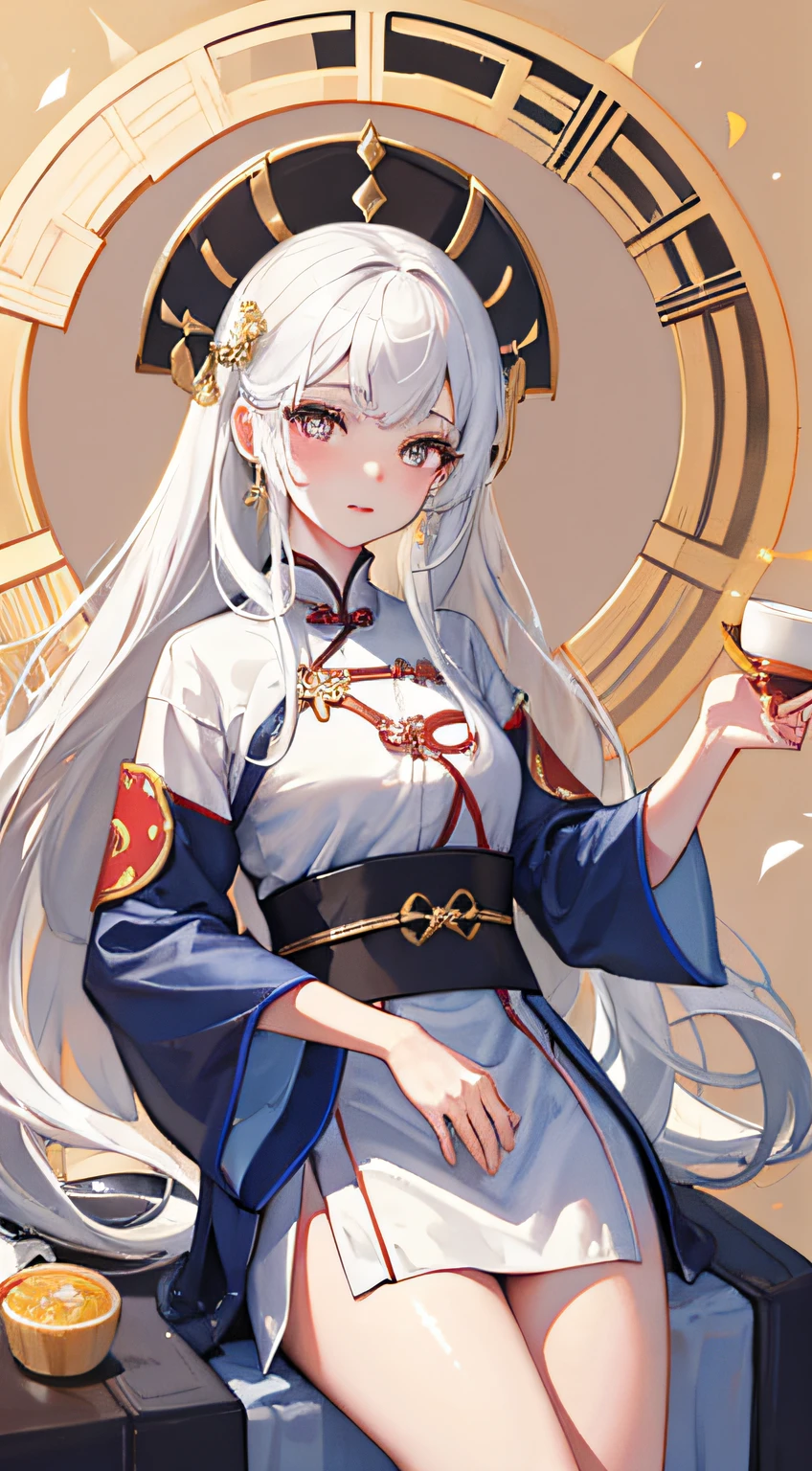one-girl， Ancient Chinese clothing， full bodyesbian， rays of sunshine， Clear face， Golden pupils，white color hair，Clean white background， tmasterpiece， super detailing， Epic composition， hyper HD， high qulity， extremely detaile， offcial art， Uniform 8k wallpaper， super detailing， 32k