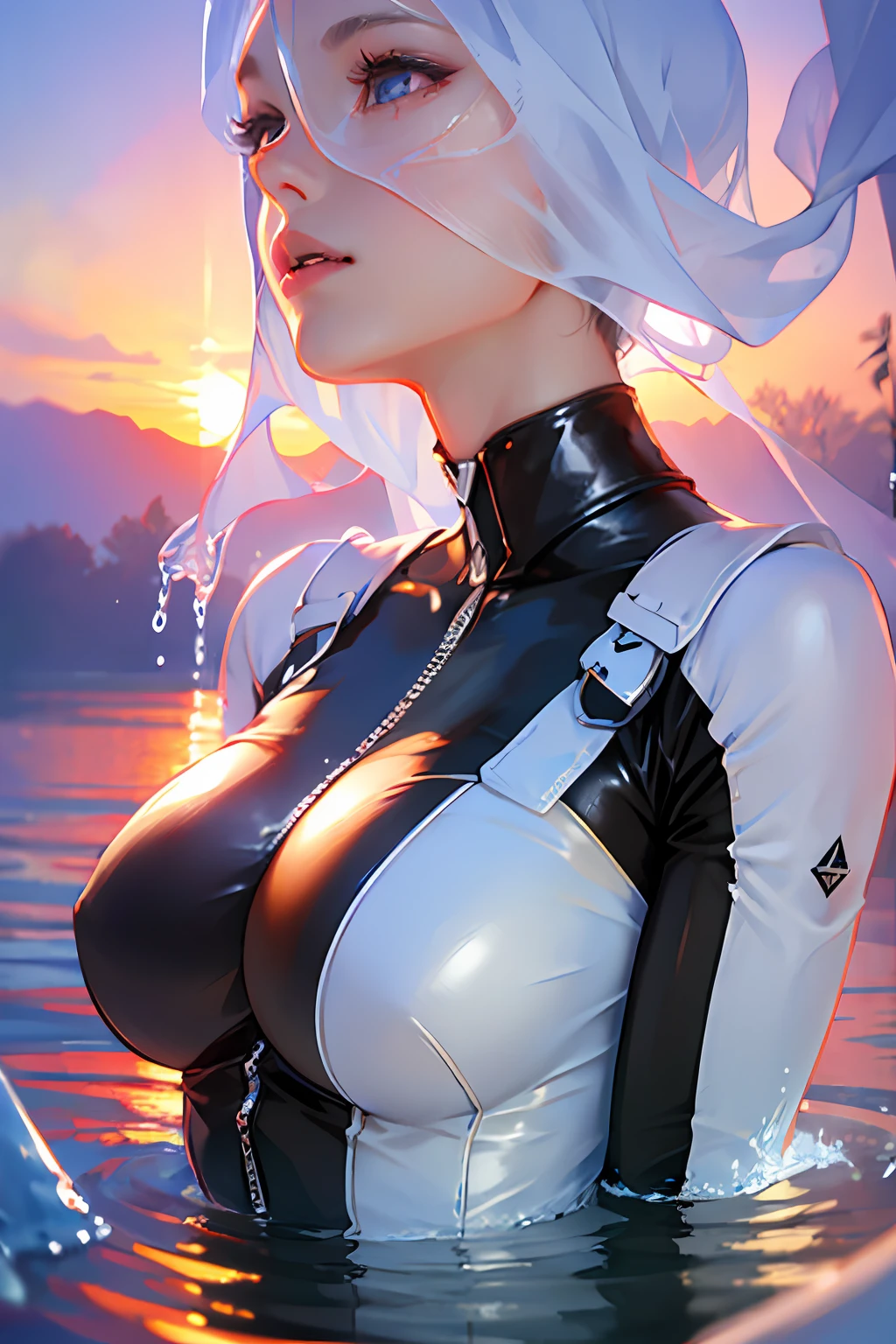 8K resolution, refined features, perfect face, glowing skin, high detail, latex_bodysuit, creamy white mucus body, enveloping the whole body, transparent liquid texture, sexy,busty,upright_straddle, sunrise, water, side view