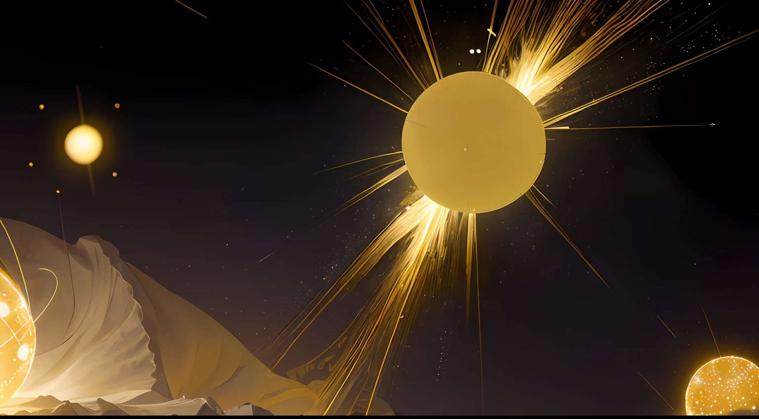 universo com estrelas brilhando ao longe, a large yellow light surrounded by small glowing spheres connected to each other by a thin bright white spirit cord