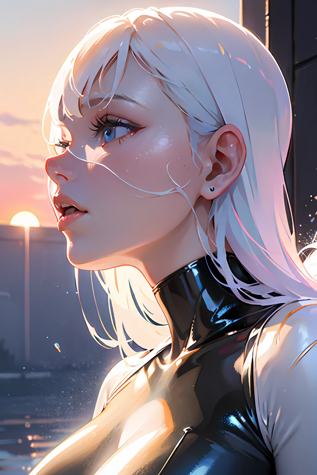 8K resolution, refined features, perfect face, glowing skin, high detail, latex_bodysuit, creamy white mucus body, enveloping the whole body, transparent liquid texture, sexy,busty,upright_straddle, sunrise, water, side view