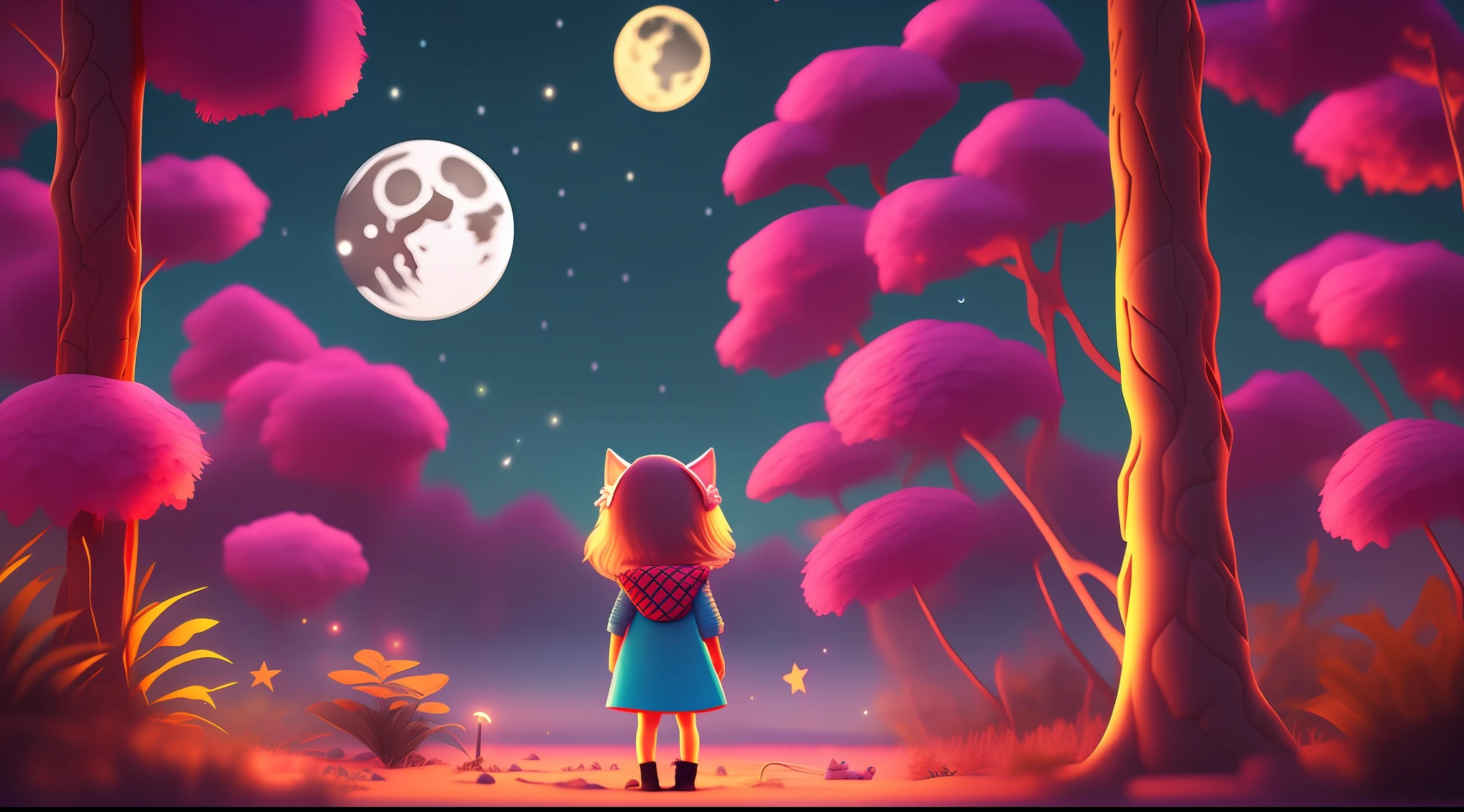 3d cute in dark night in forest,The moon is in the sky,The cat was watching her,3d movie rendering style
