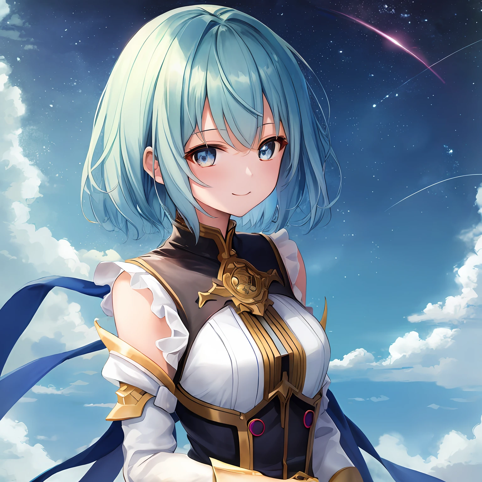 hyper detailed illustration ,superfine illustration, ((((​masterpiece)))), High quality, very_high_resolution, Large_filesize, fulcolor ,Very cute and beautiful girl,Very cute and beautiful anime face and eyes, Very delicate eyes,Female, 年轻,20 years old, Solo, ((1 girl)),Upper body only,(( Blue short hair)), straggling hair ,Smile, medium breasts, enmaided,(roof-top), skyporn,tareme,nigh sky，blue-sky