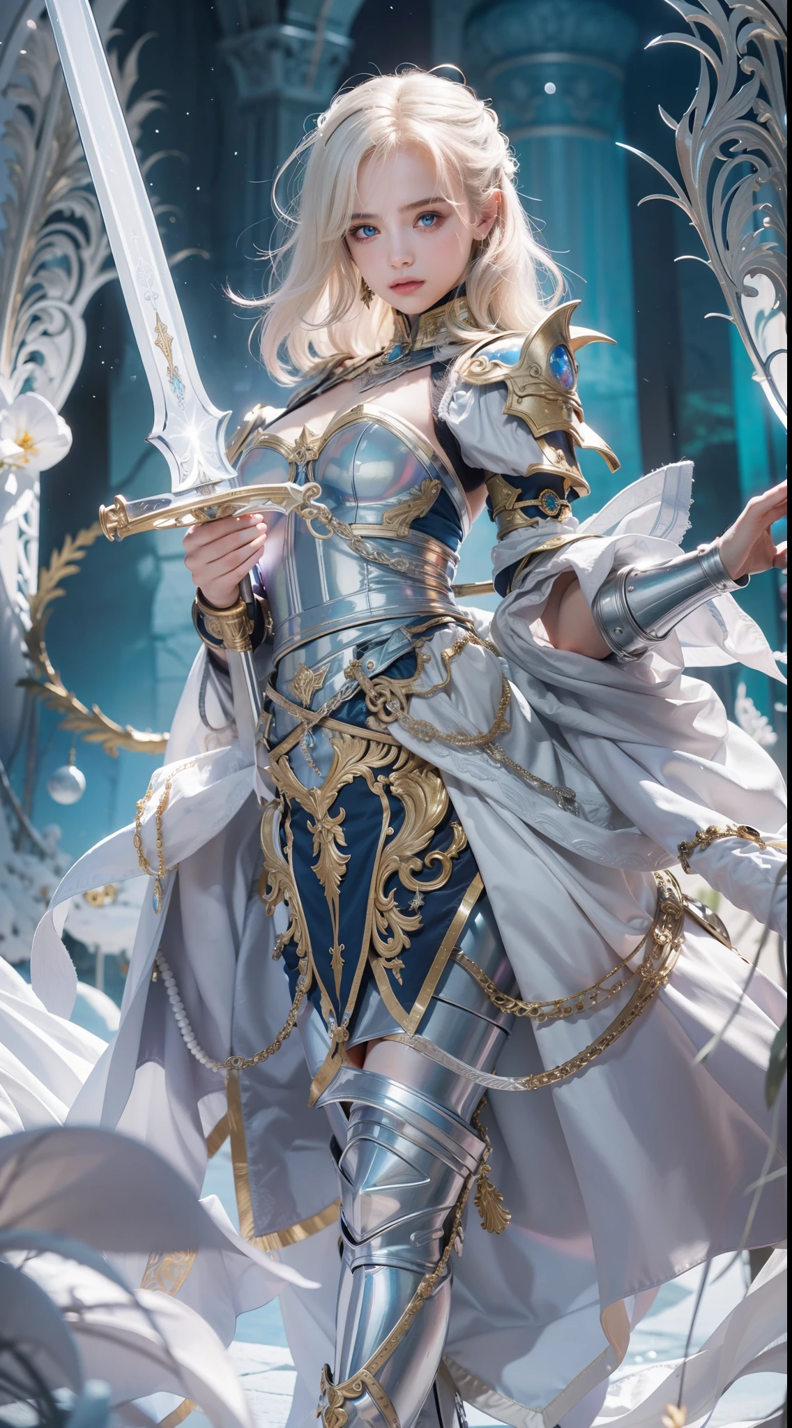 full body shot, 1 girl is 14 years old, dignity pose, best beauty ever face, big eye, power of eyes, very short hair, white blond hair, blue eye, iridescent reflection armor, holding a iridescent reflection sword, ornament sabaton and gauntlet, full moon night, moon lighting, from below, in the fantasy room, symphonic metal style, So detailed that you can see pores. extremely fine realistic, extremely beautiful photography,