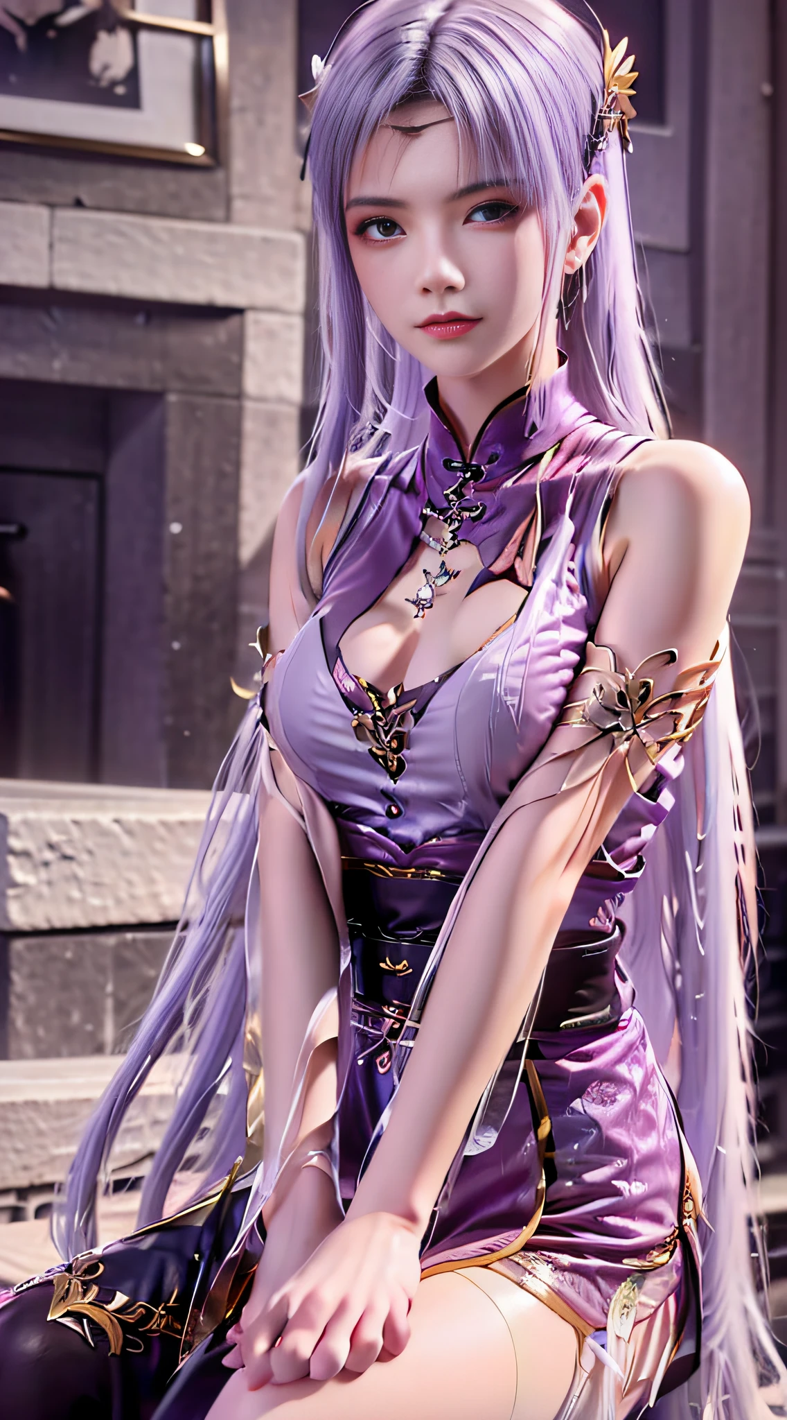 Sleeping girl,22 year old,realisticlying,She wore long trousers,Wearing pink pajamas,Brownish-purple hair。