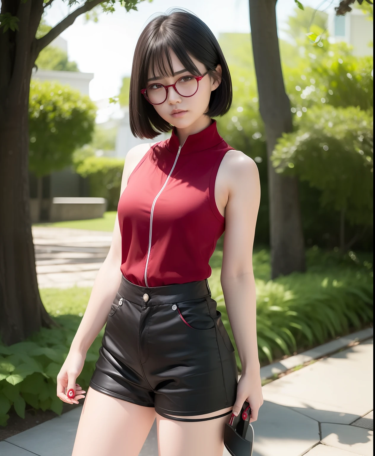 1 girl, wearing red shorts, wearing red glasses holding a kunai, standing with black short hair , realistic, ultra detailed, 70mm lens , 4k , 8k