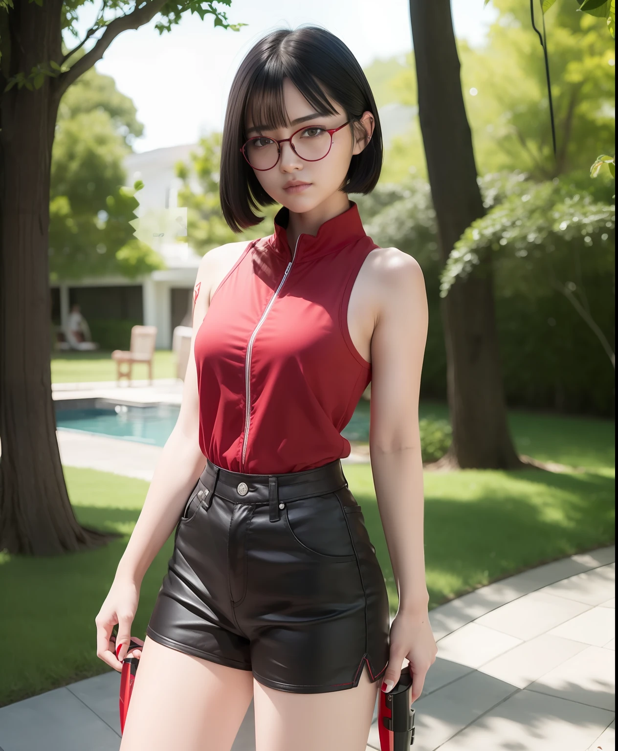 1 girl, wearing red shorts, wearing red glasses holding a kunai, standing with black short hair , realistic, ultra detailed, 70mm lens , 4k , 8k