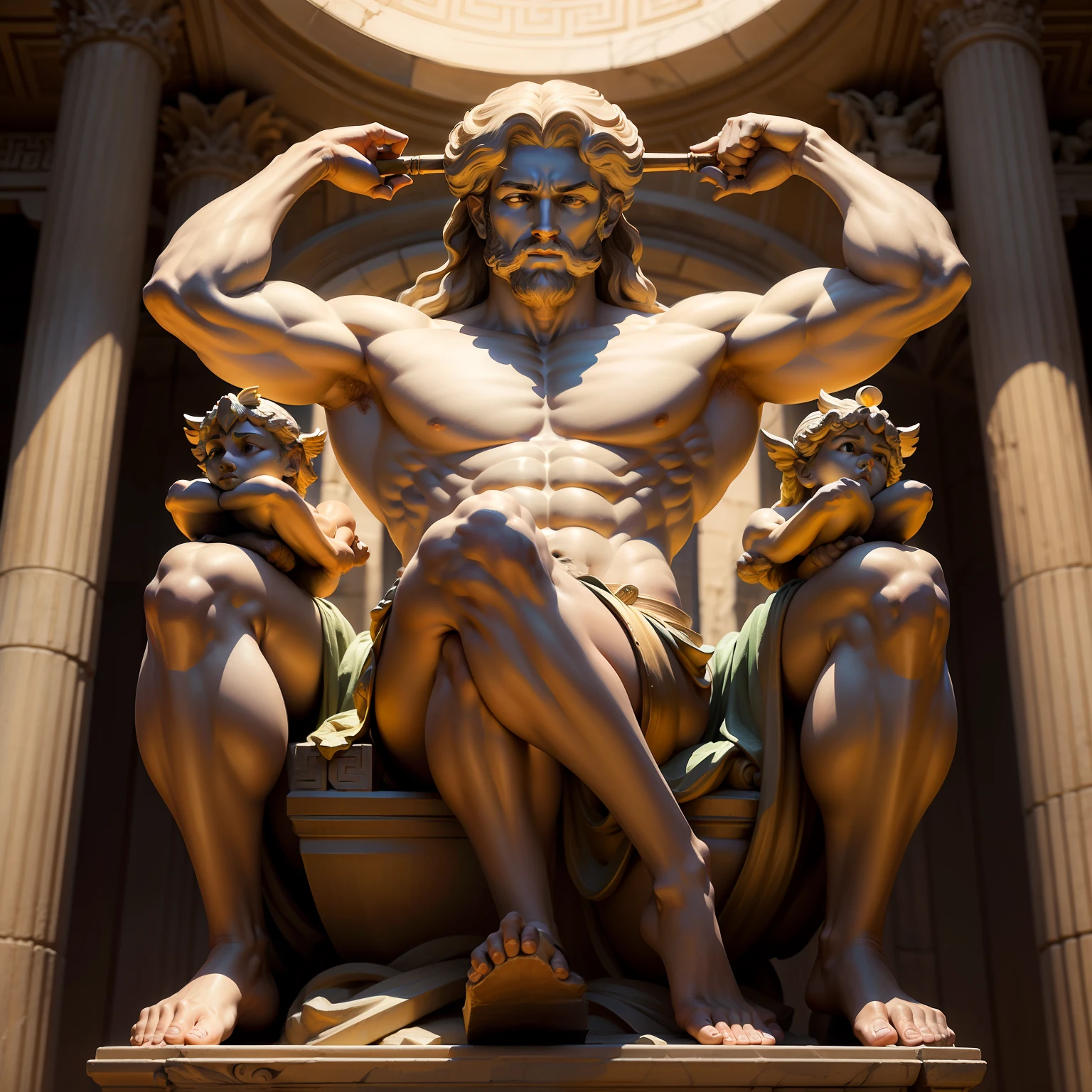 The god Hercules with three heads and six arms,It has a Greek sculptural style。