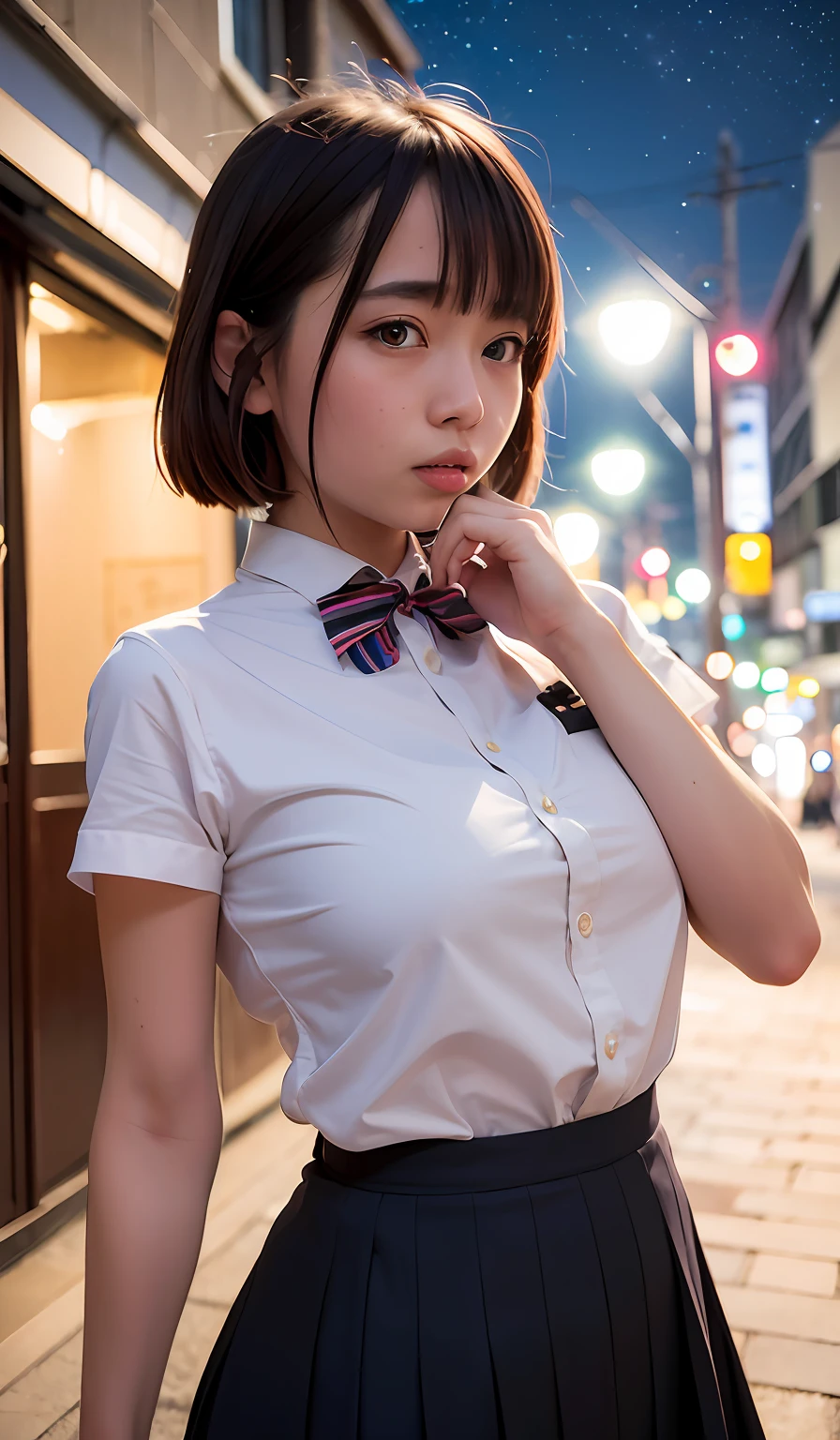 (8k, RAW photo, best quality, masterpiece:1.2), (realistic, photo-realistic:1.37), ultra-detailed,
1 girl,cute, solo,beautiful detailed sky,detailed tokyo street,night,
medium breasts,beautiful detailed eyes,(collared shirt:1.1), bowtie,pleated skirt,(short hair:1.2),floating hair