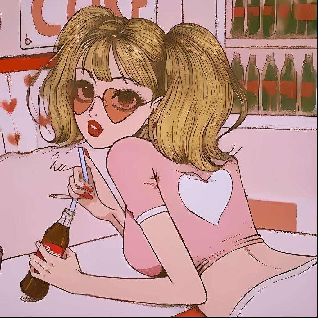 Caricature of a woman holding a Coke bottle in her hand, lofi-girl, Retro anime girl, lofi girl aesthetic, soda themed girl, 8 0 s anime vibe, 9 0 s anime aesthetic, 8 0 s anime art style, in the art style of 8 0 s anime, 9 0 s anime art style, author:Ji Vorcher,Need,super high image quality