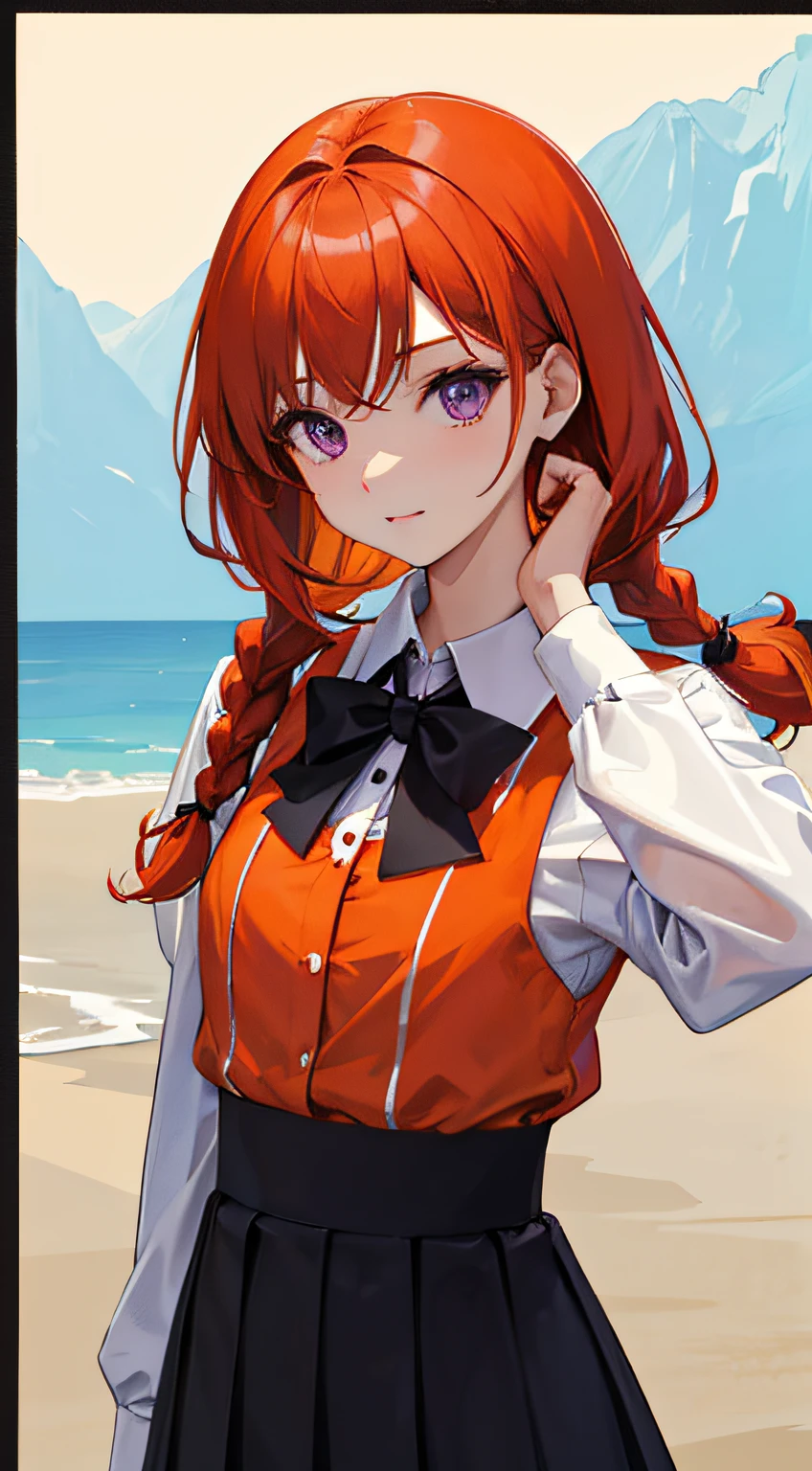 Masterpiece,Best quality,Upper body,1girll,collared_Shirt and flared_Skirt as material 1,orange color theme,cosplay,outside border,Side braids,Small breasts,Purple eyes,disgust,From above