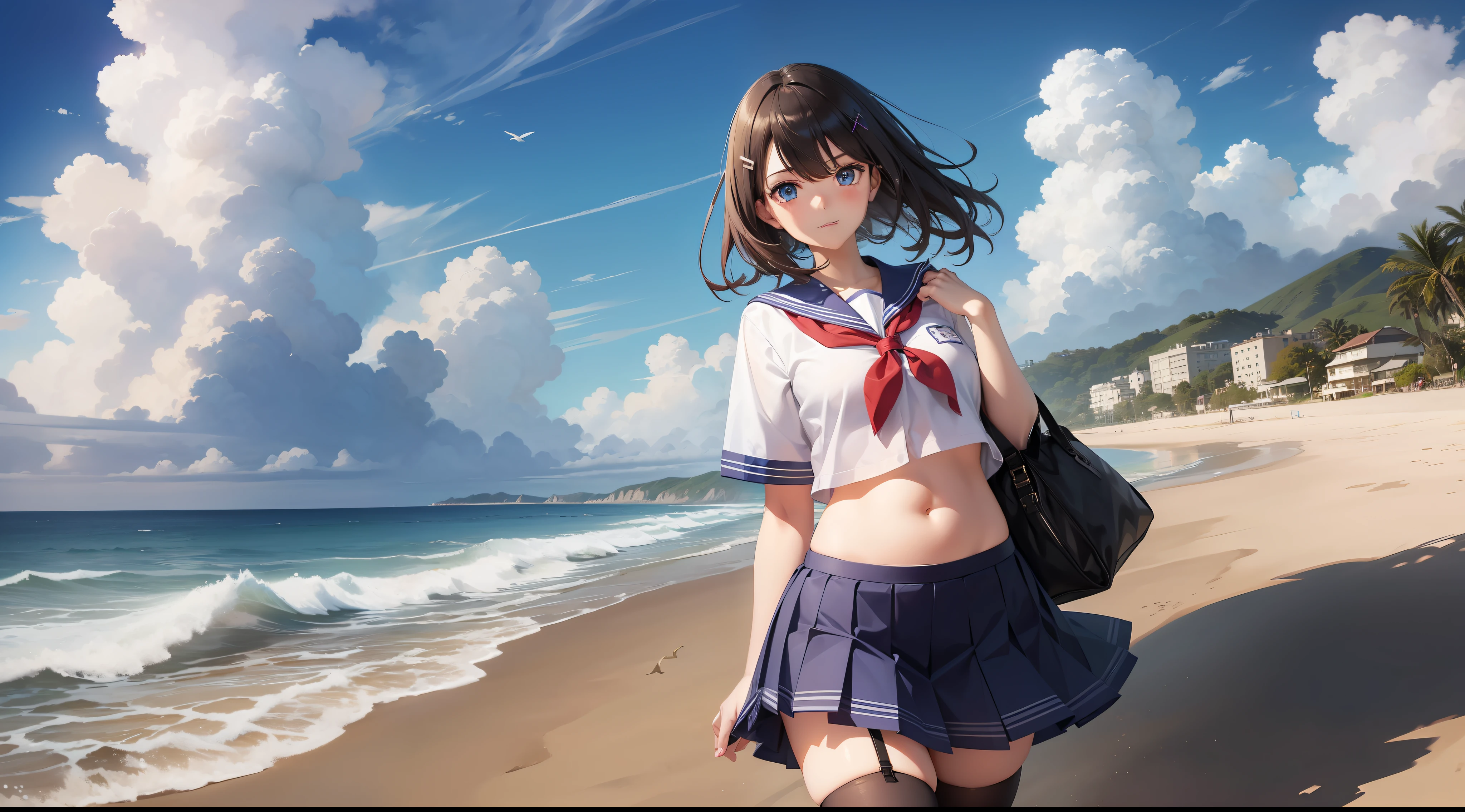 1 girl, cute, hairpins, beautiful blue eyes, blue school uniform, full body, perfect body size, stockings, wind blowing skirt, clouds, standing in beach sand, clear blue sky in the background, beautiful belly