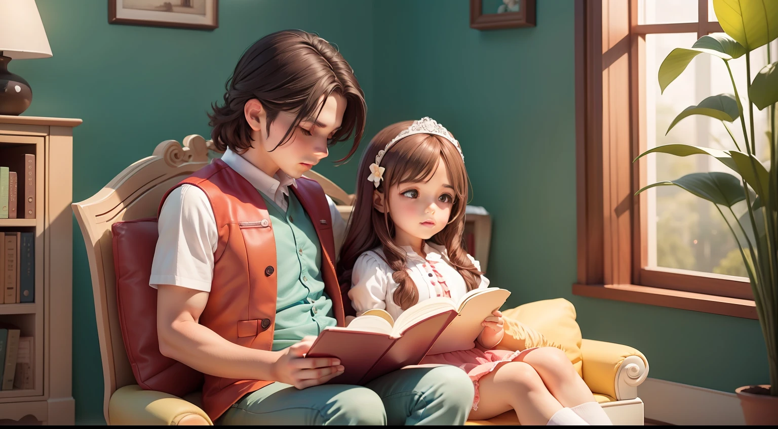 tmasterpiece，Best quality at best，Brother and sister reading a book，sofe