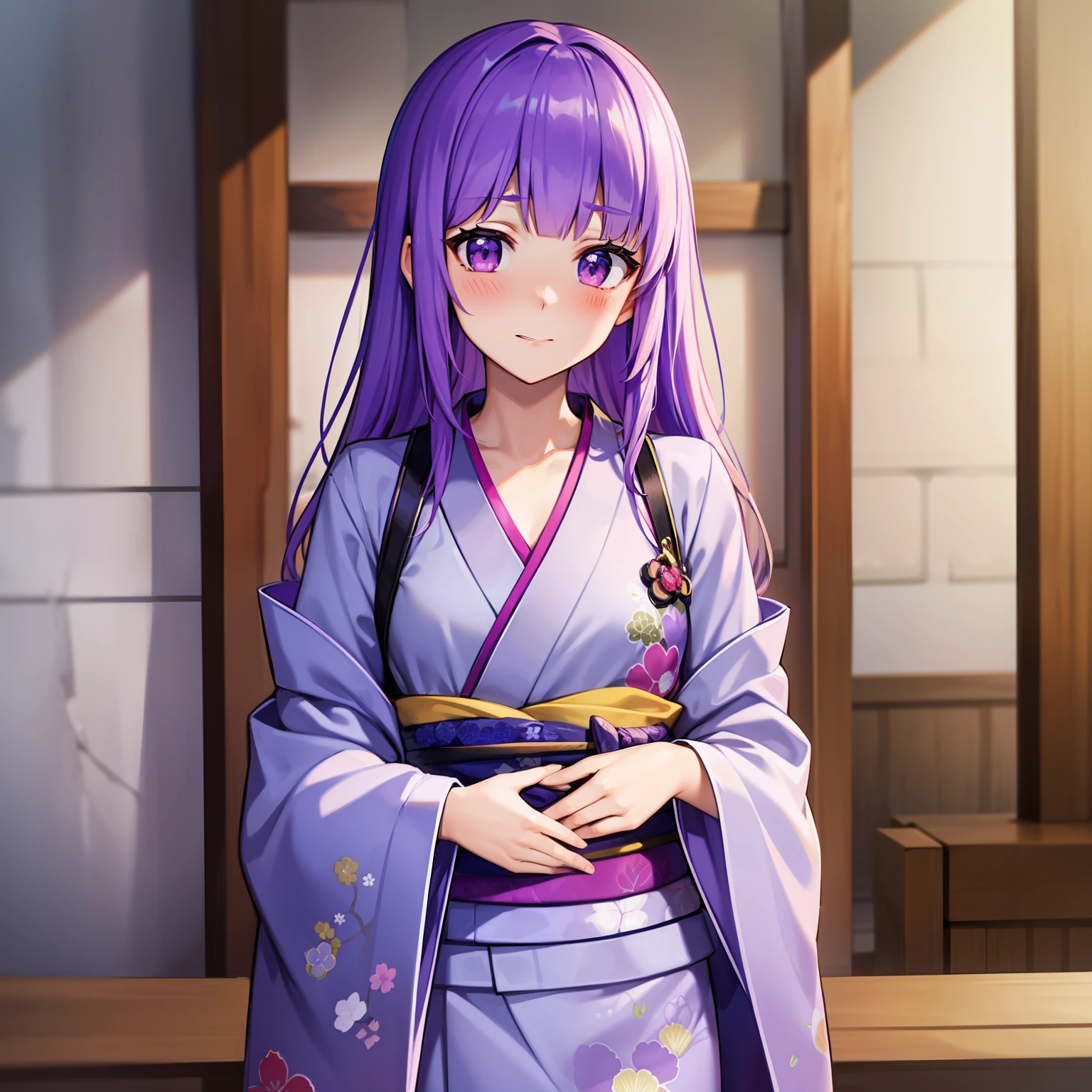 Kimono, standing, 1 girl, 8k, white shirt, High Quality, looking at viewer, medium bust, chest length hair, purple hair, blushing, embarrassed